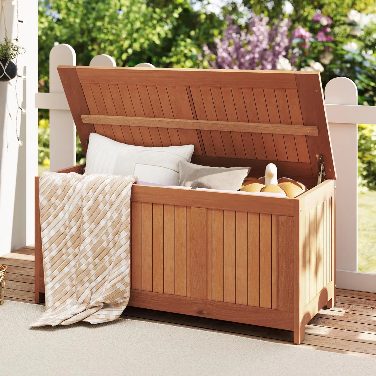 COSTWAY Baule da Giardino 220L, 3 in 1 Cassapanca Contenitore in Legno Massello con Coperchio Ribaltabile e Bordi Rialzati, Panca Portaoggetti per Interni e Esterni, 113,5 x 52 x 58,5 cm