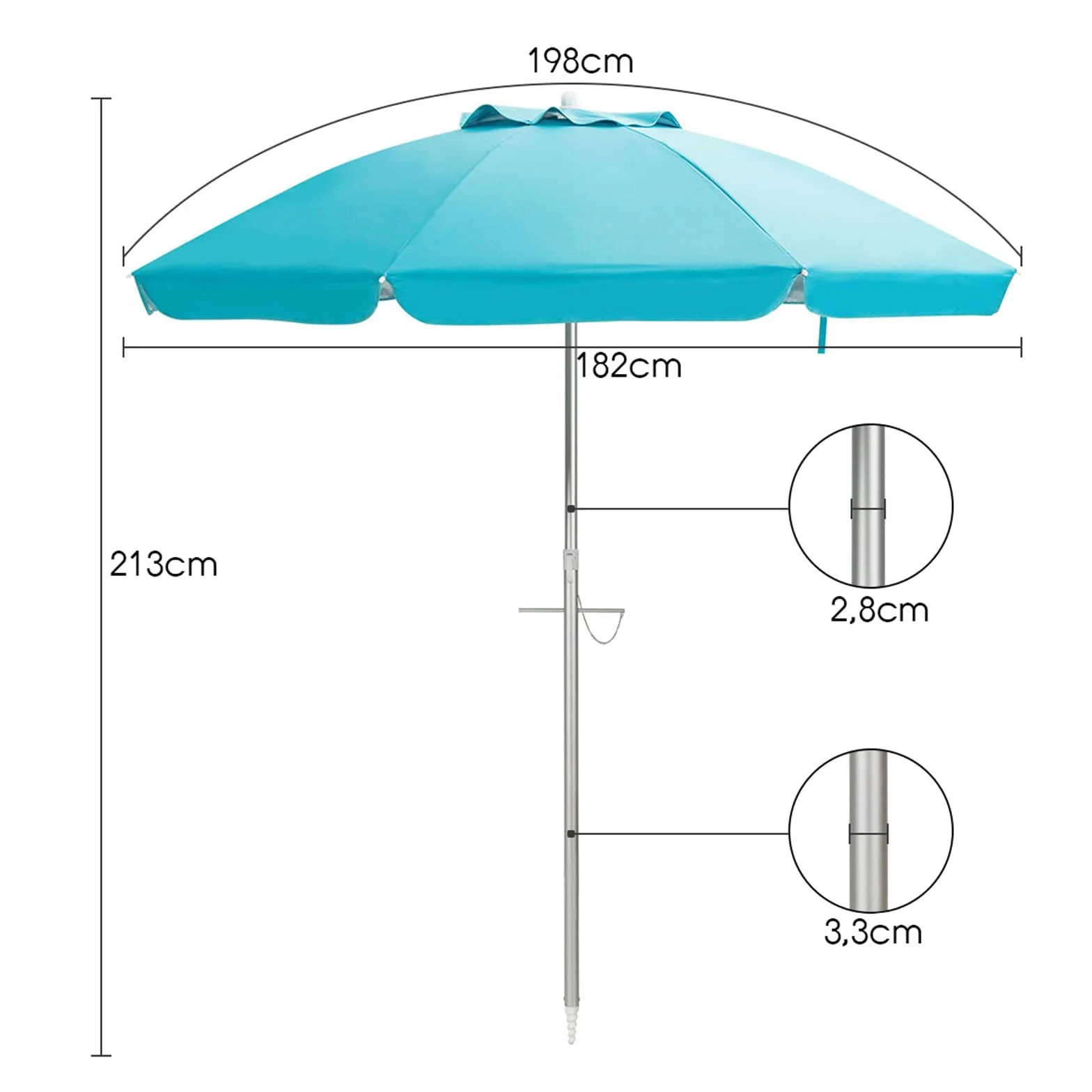 COSTWAY Ombrellone da Spiaggia 198 cm, Parasole Esterno con Palo Inclinabile in Alluminio, Anti UV 50+, 8 Stecche, Blu