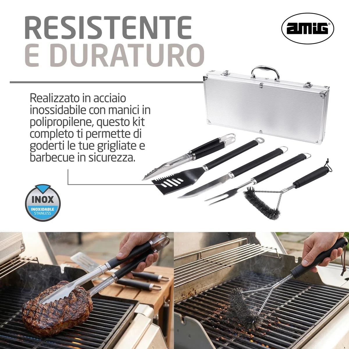 Amig Valigetta per Barbecue Acciaio Inossidabile Set Completo Utensili con Custodia AM01