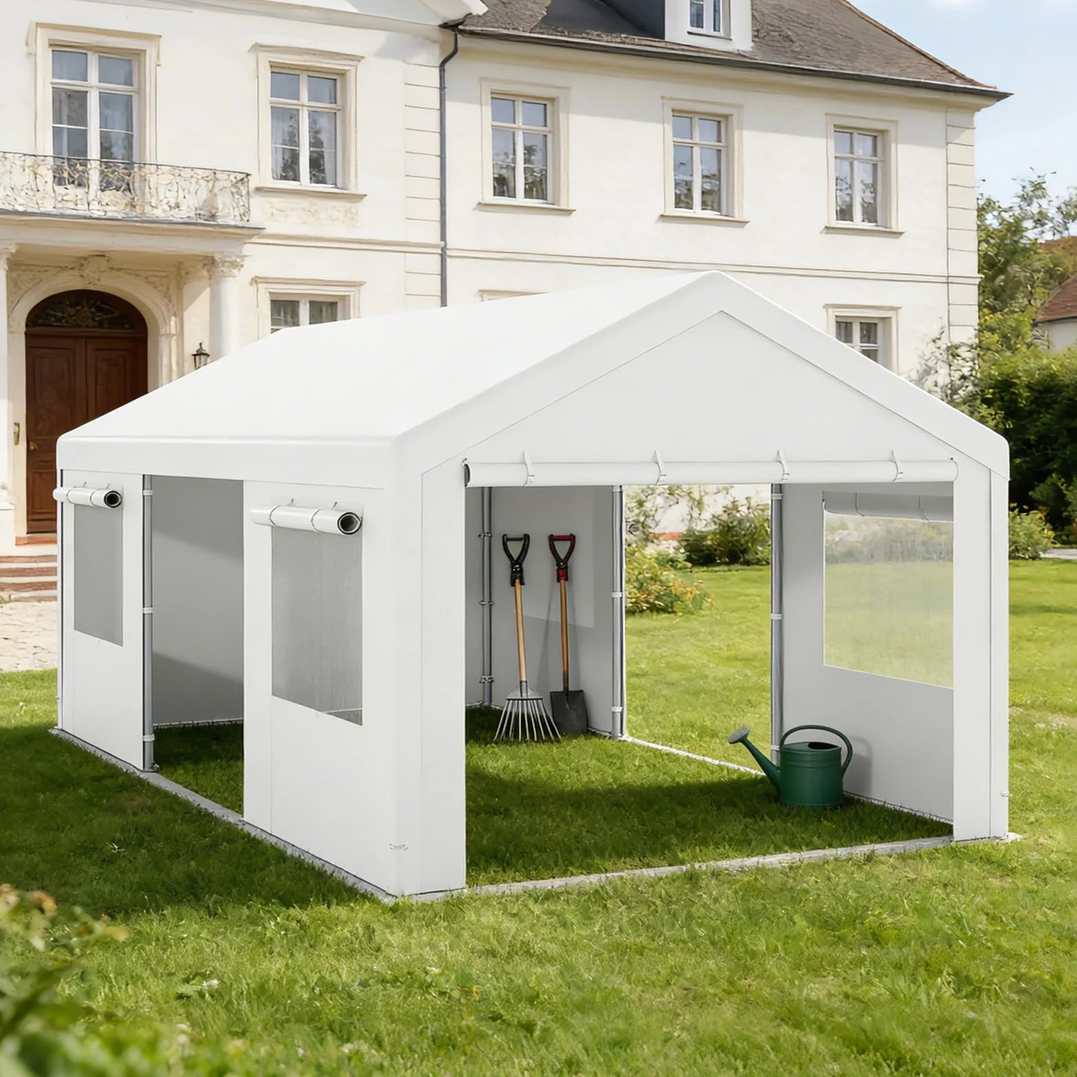 Tenda Garage Auto Esterno Tettoia Telaio Metallo Copertura PE Resistente Intemperie Capanno Giardino Bianco 305x586x280 cm