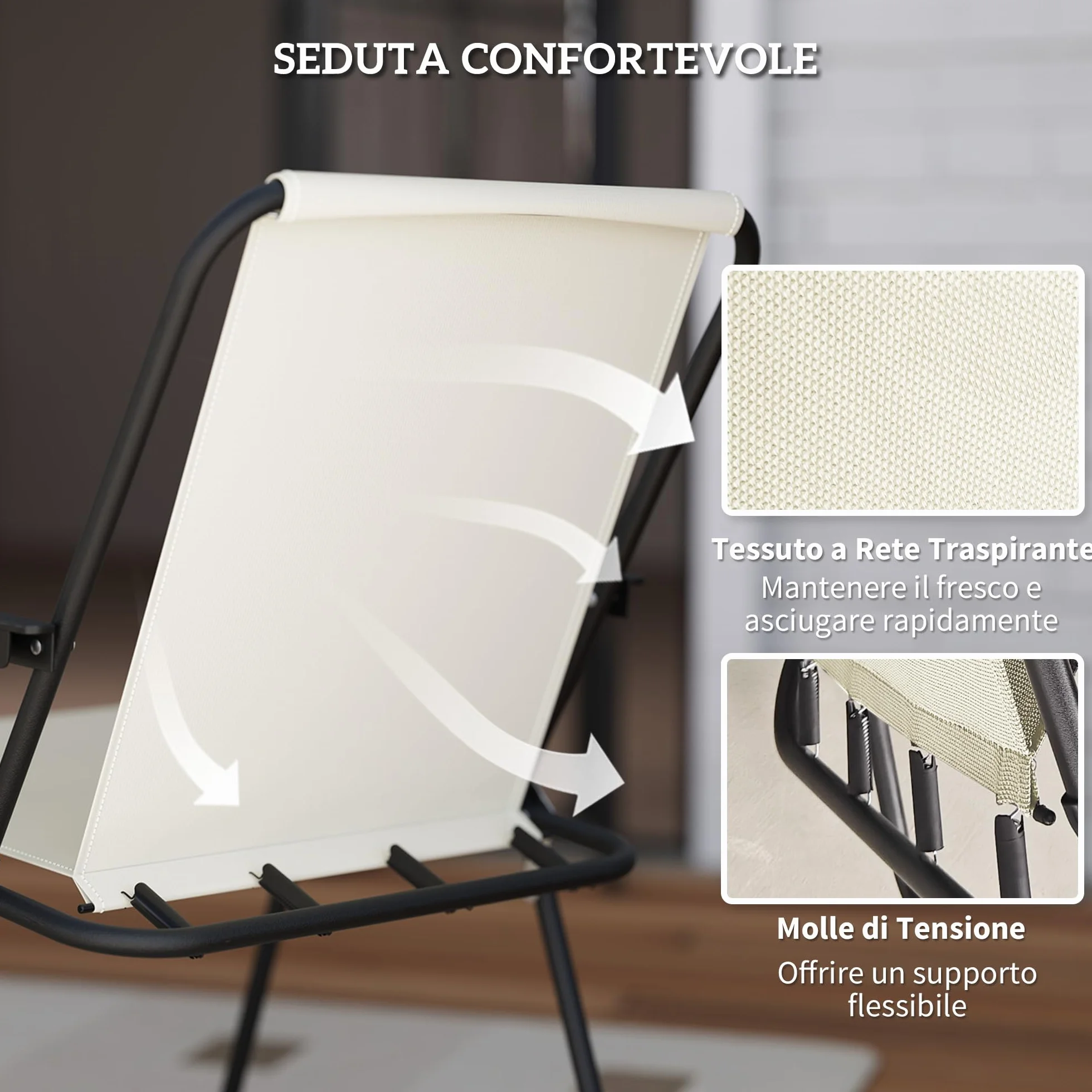 Outsunny Set Tavolo e Sedie da Giardino 6 Pezzi Acciaio Ombrellone, Mobili 4 Sedie Pieghevoli Textilene Tavolo Rotondo Vetro, Esterno Patio Terrazzo Crema