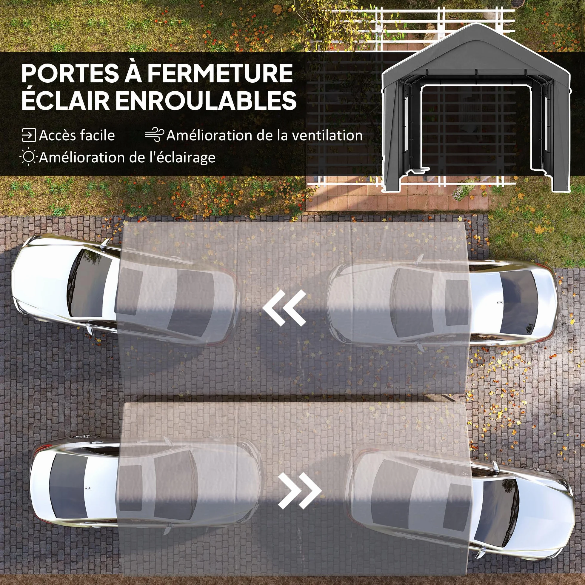 Outsunny Tenda da garage per auto coperto, 3 x 6 m, tenda per esterni con pareti laterali rimovibili e ante scorrevoli, 4 finestre