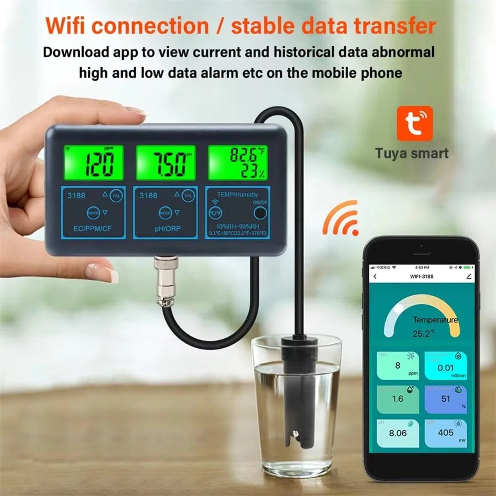 Breeshy Tuya WiFi 7 In1 Tester di Qualità 'Acqua Analizzatore di Acqua Multi-Parametro PH/ORP/EC/PPM//Umidità/Temperatura Monitor Metro Spina EU