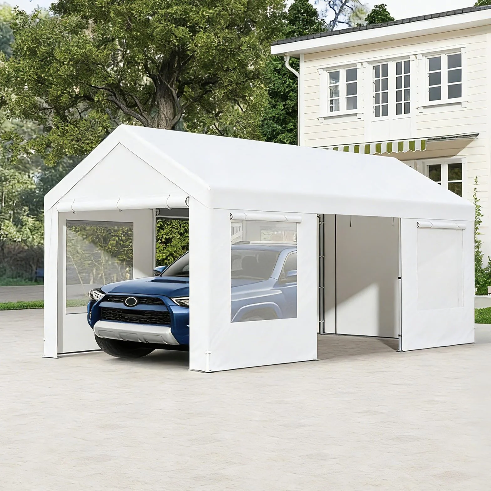 Tenda Garage Auto Esterno Tettoia Telaio Metallo Copertura PE Resistente Intemperie Capanno Giardino Bianco 305x586x280 cm