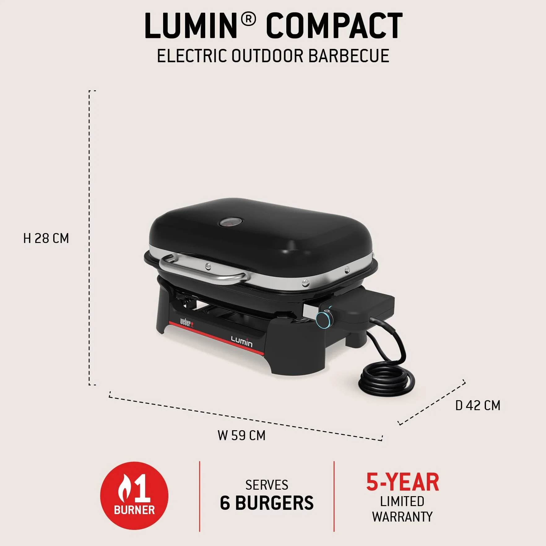Weber Lumin Compact Barbecue Elettrico Portatile, 315°C, Griglie in Ghisa Smaltata, 43x32 cm, Nero