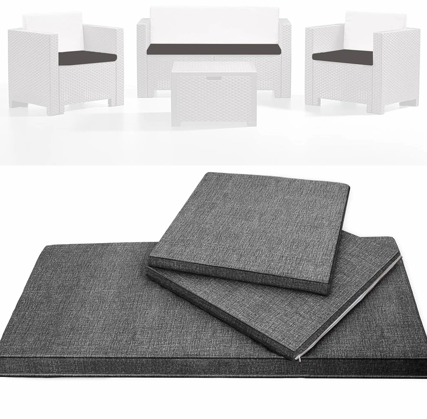 HAND Tris di Cuscini da Esterno Sfoderabili per Poltrone e Divanetto, Cuscini Esterno Giardino Set da 3 PZ, per Poltrona, Salotto, SALOTTINO, Rattan/MIDOLLINO in Cotone, Made in Italy (Antracite)