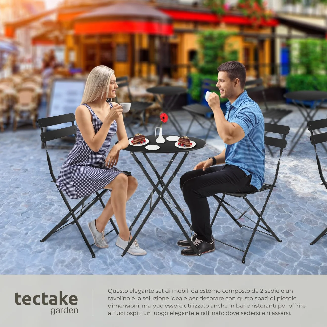 Tectake Set Bistrot Pieghevole per 2 Persone Telaio Acciaio Tavolo e Sedie Giardino Nero