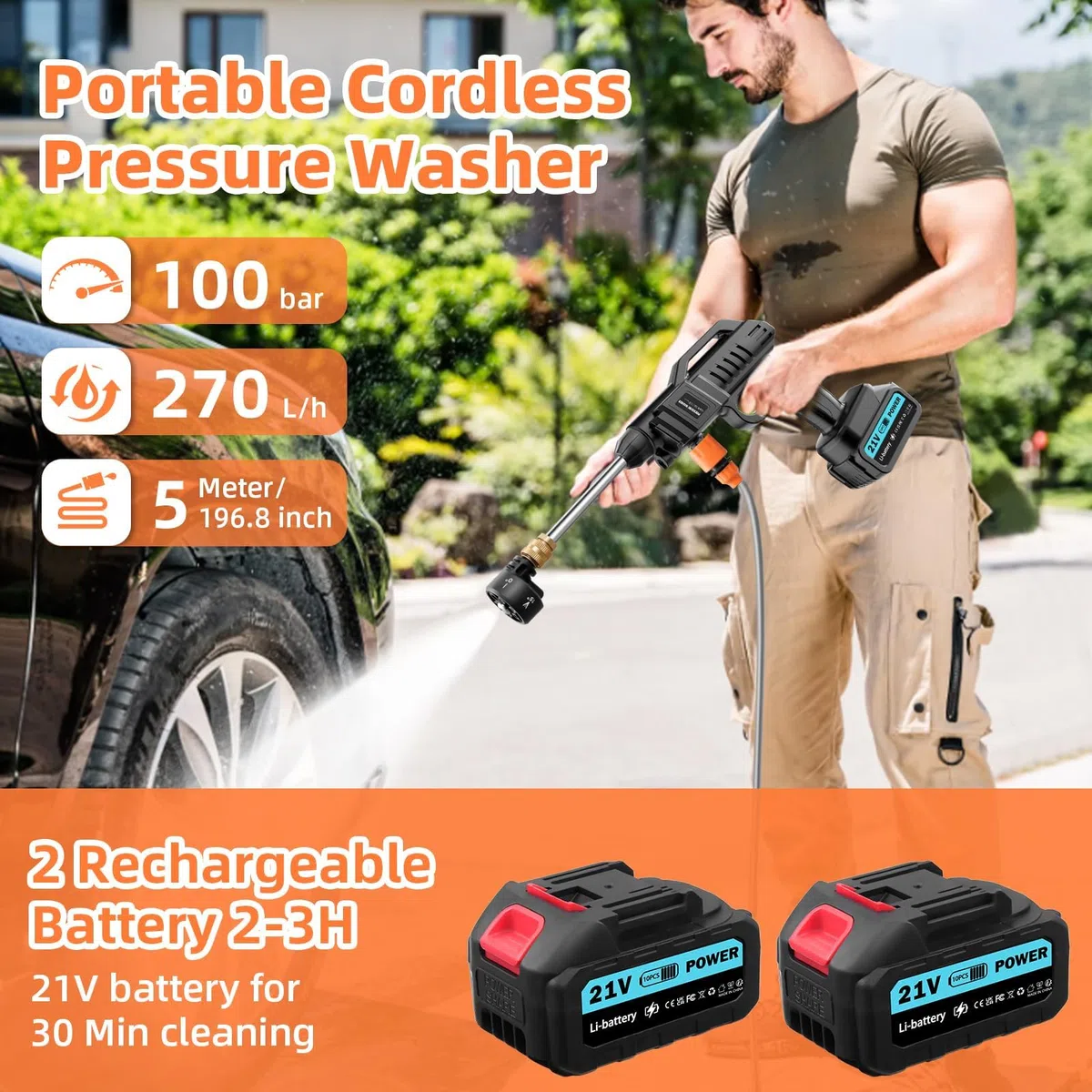 21V Idropulitrice Senza Fili, Pistola Portatile ad Alta Pressione, Idropulitrice a Batteria 100 Bar con 2 Batterie 3000mAh, 6 in 1, Tubo 5m, per Auto Balcone Garage