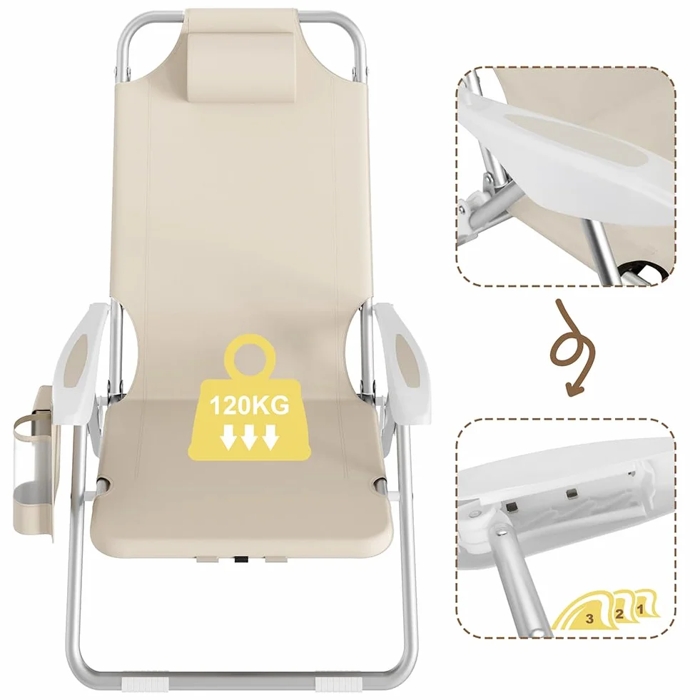 BAKAJI Sedia Pieghevole da Spiaggia in Alluminio con Tasca e Borsa Termica (Beige)
