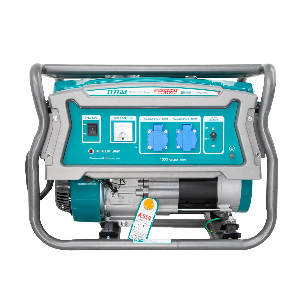 TOTAL - Generatore Di Corrente Portatile 3500W A Benzina, Motore 4 Tempi OHV, Alternatore In Rame, Avviamento Recoil, Serbatoio 15L, 220-240V, Generatore Silenziato Per Casa E Cantiere