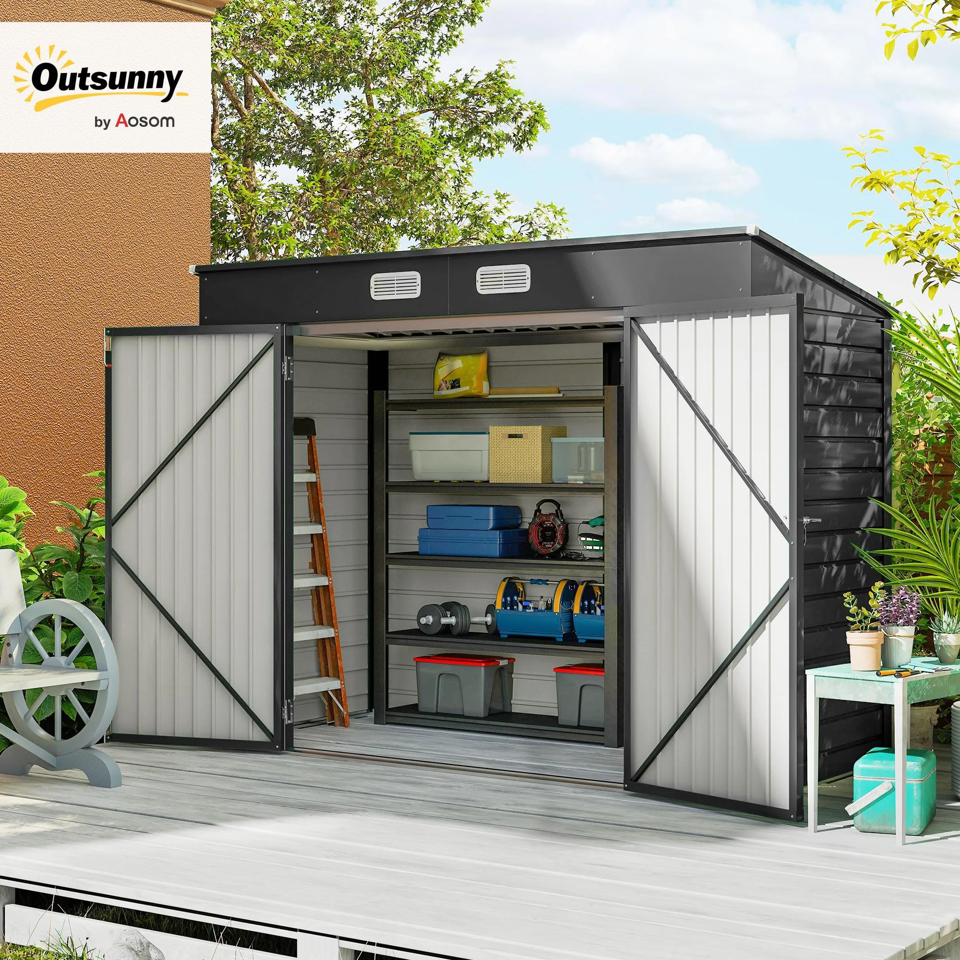 Outsunny Capanno Porta Attrezzi con 2 Prese d'Aria e Chiavistello, Casetta da Giardino in Acciaio Zincato, 249x121x183 cm, Grigio