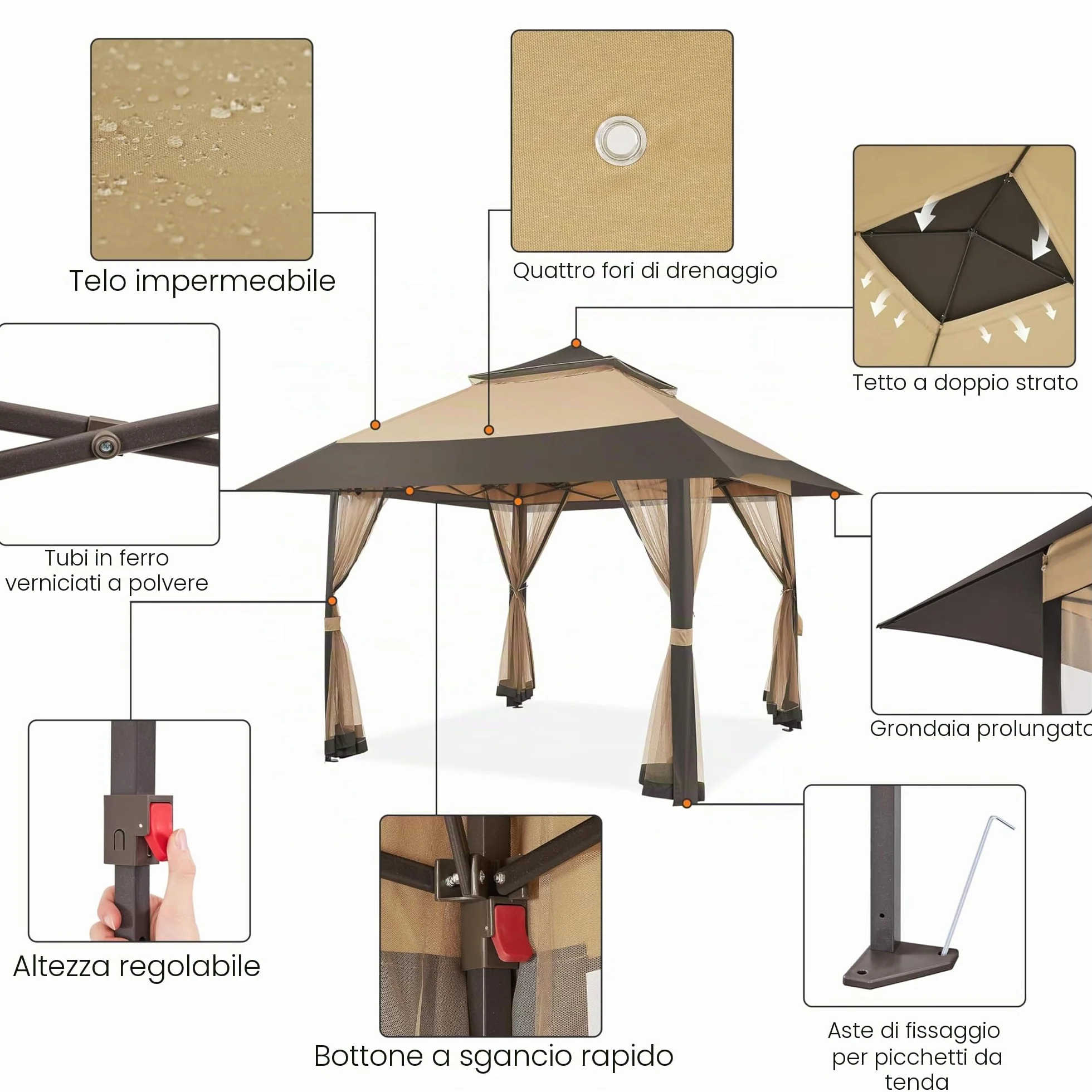 Yaheetech Gazebo da Giardino 4x4 m con Zanzariera Struttura in Metallo Doppio Tetto Kaki