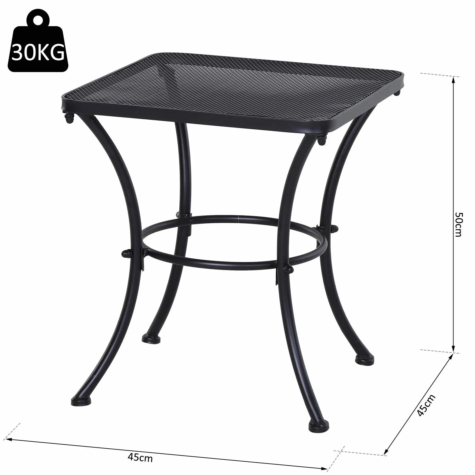 Outsunny Tavolino da Giardino in Acciaio con Piano Traforato, Tavolino Quadrato da Esterno 45x45x50 cm, Nero