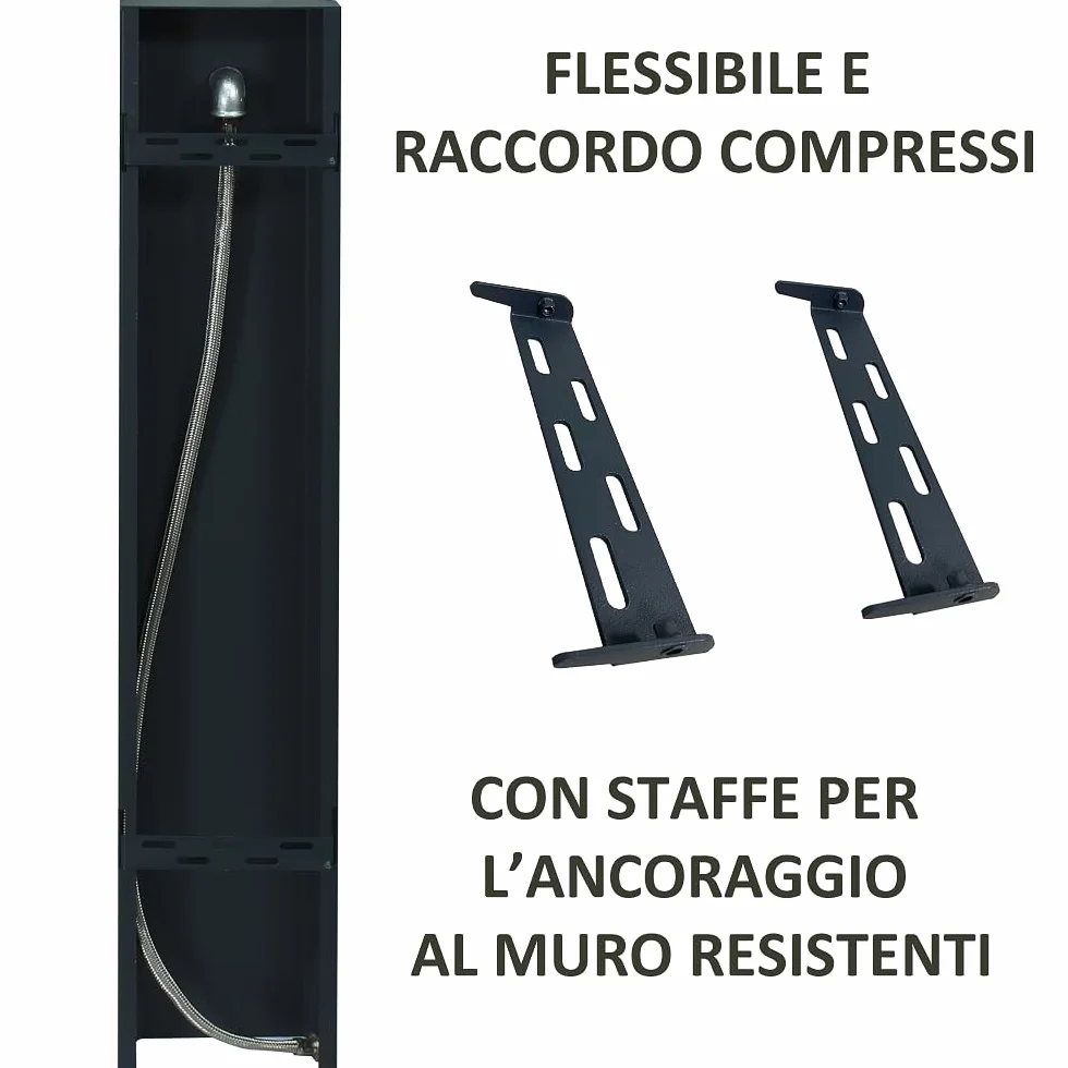 Fontana a Muro da Giardino Antracite, Fontana a Parete da Esterno in Acciaio Verniciato, Rubinetto in Ottone con Tubo Flessibile e Raccordo, Fontanella Made in Italy