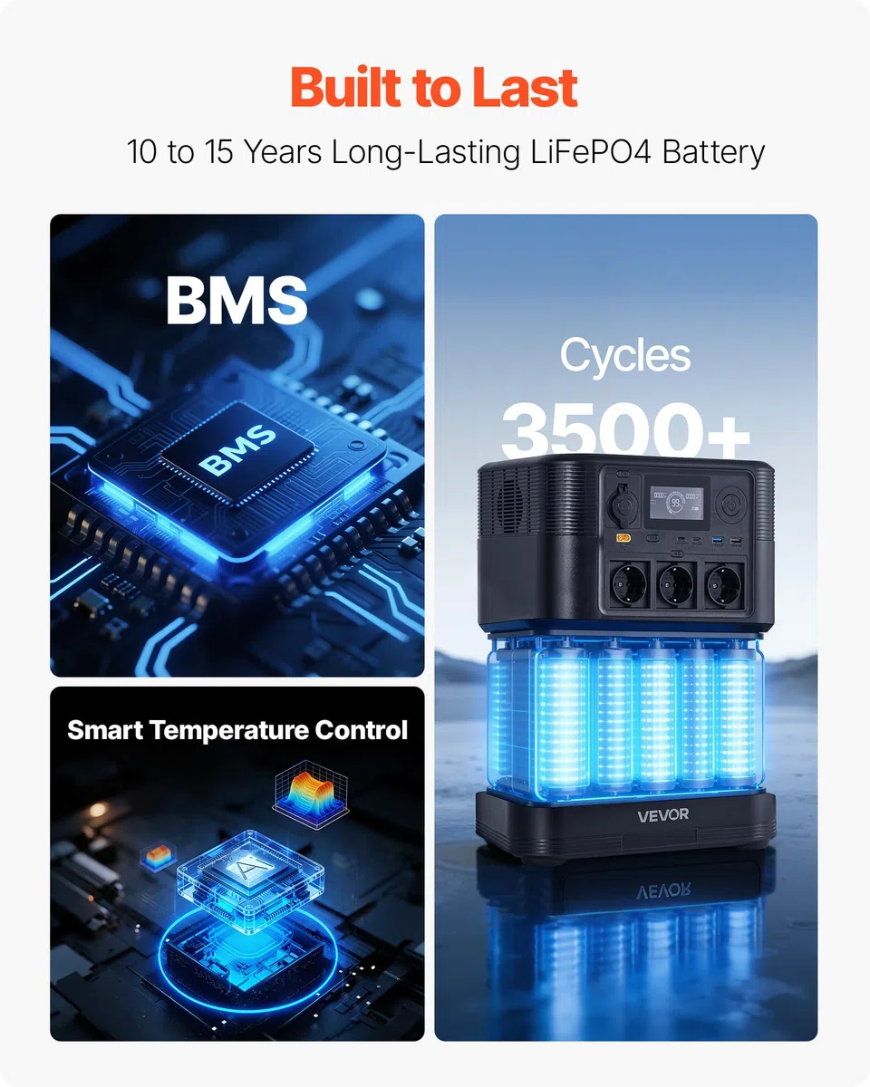 VEVOR Centrale Elettrica Portatile Generatore Solare da 1800 W Batteria di Backup LiFePO4 da 1008 Wh con 8 Porte di Uscite per Campeggio Viaggio Camper Emergenza, Pannello Solare Non Incluso