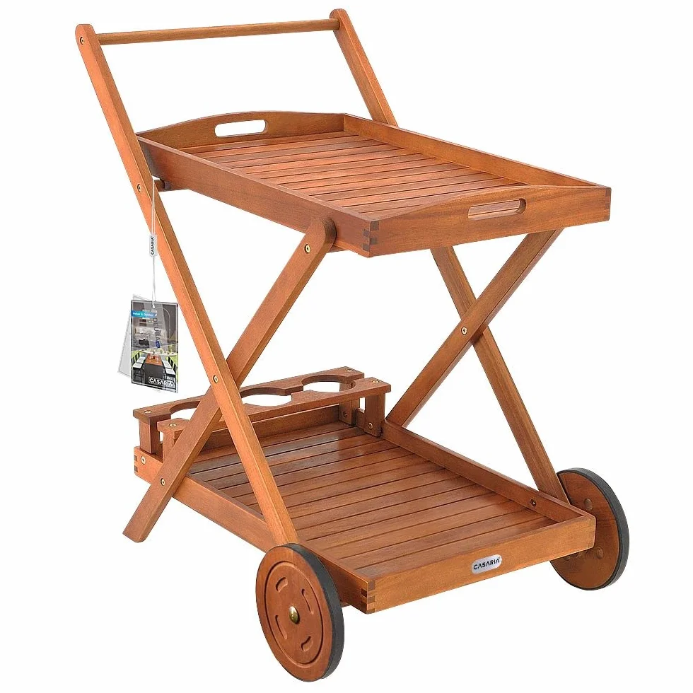 Casaria Carrello da Cucina Portavivande Legno di Acacia FSC 2 Ripiani Vassoio 3 Portabottiglie