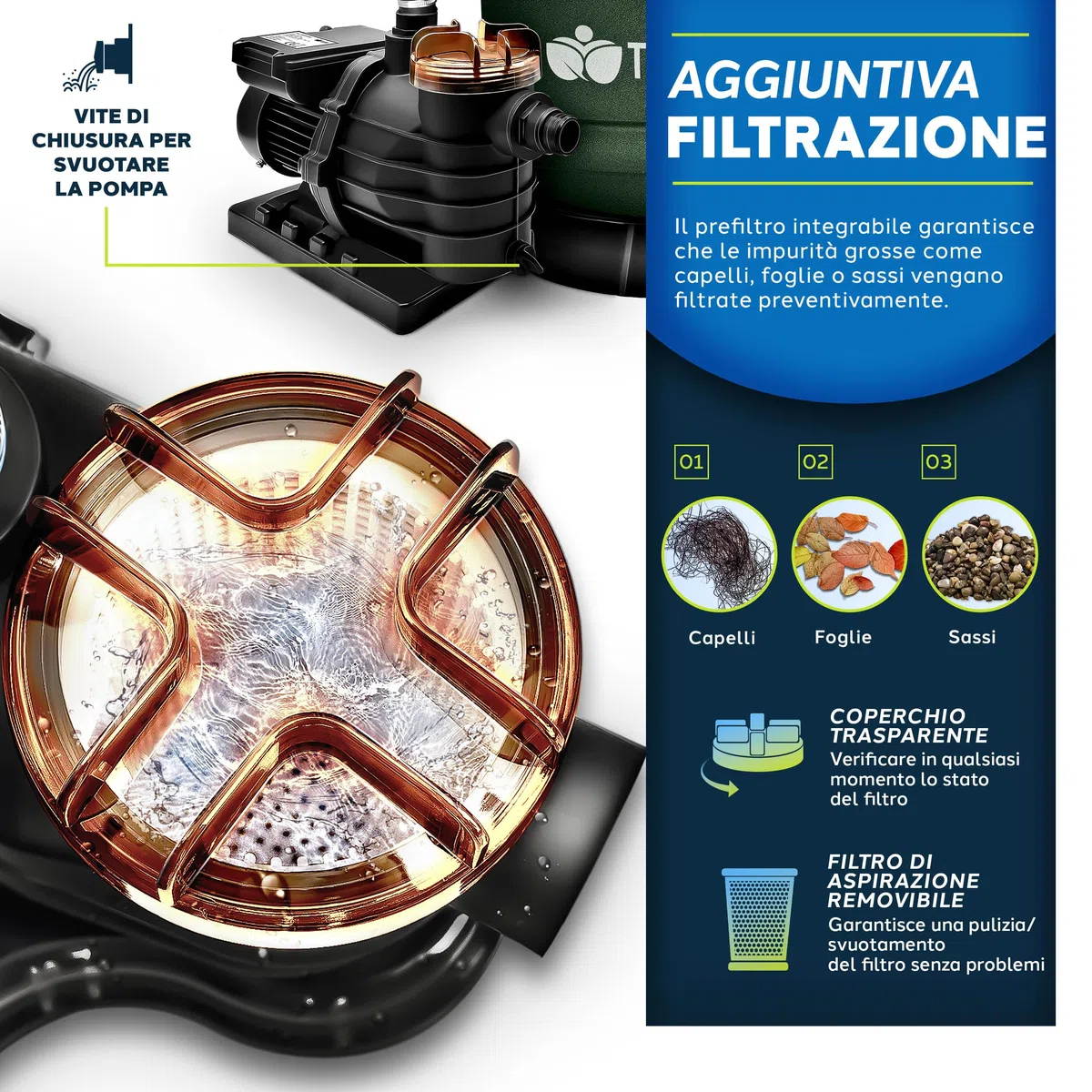 tillvex Depuratore d'acqua per piscina 10 m³/h 800 g sfere filtro Pompa filtro a sabbia con valvola