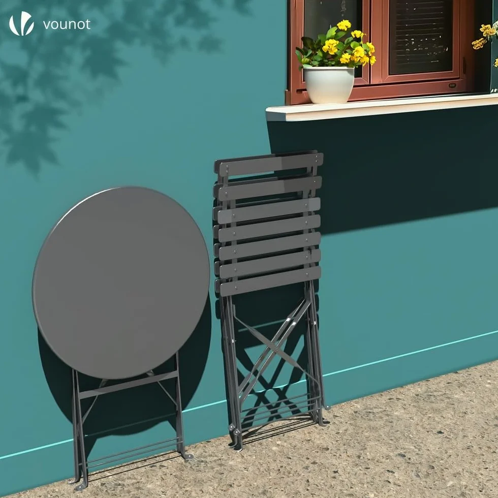 VOUNOT® Set da Giardino Pieghevole da 3 Pezzi, Tavolo Bistrot con 2 Sedie, Acciaio, Grigio