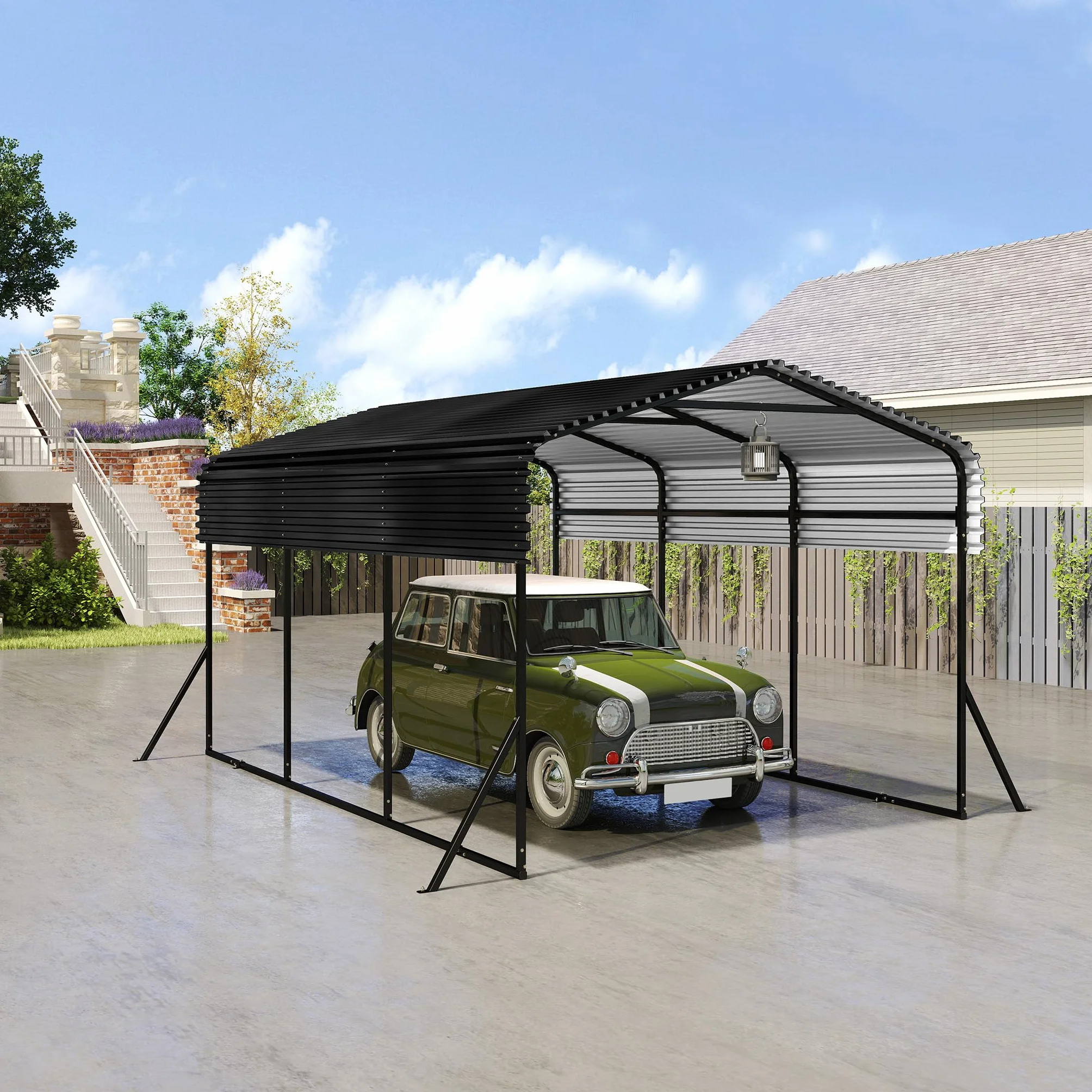UISEBRT Garage per tenda auto da esterno | 10 x 15 FT | Carport in metallo nero | Robusto riparo auto da esterno | Ombreggiatura con tetto in metallo zincato per auto e barche tenda bivacco
