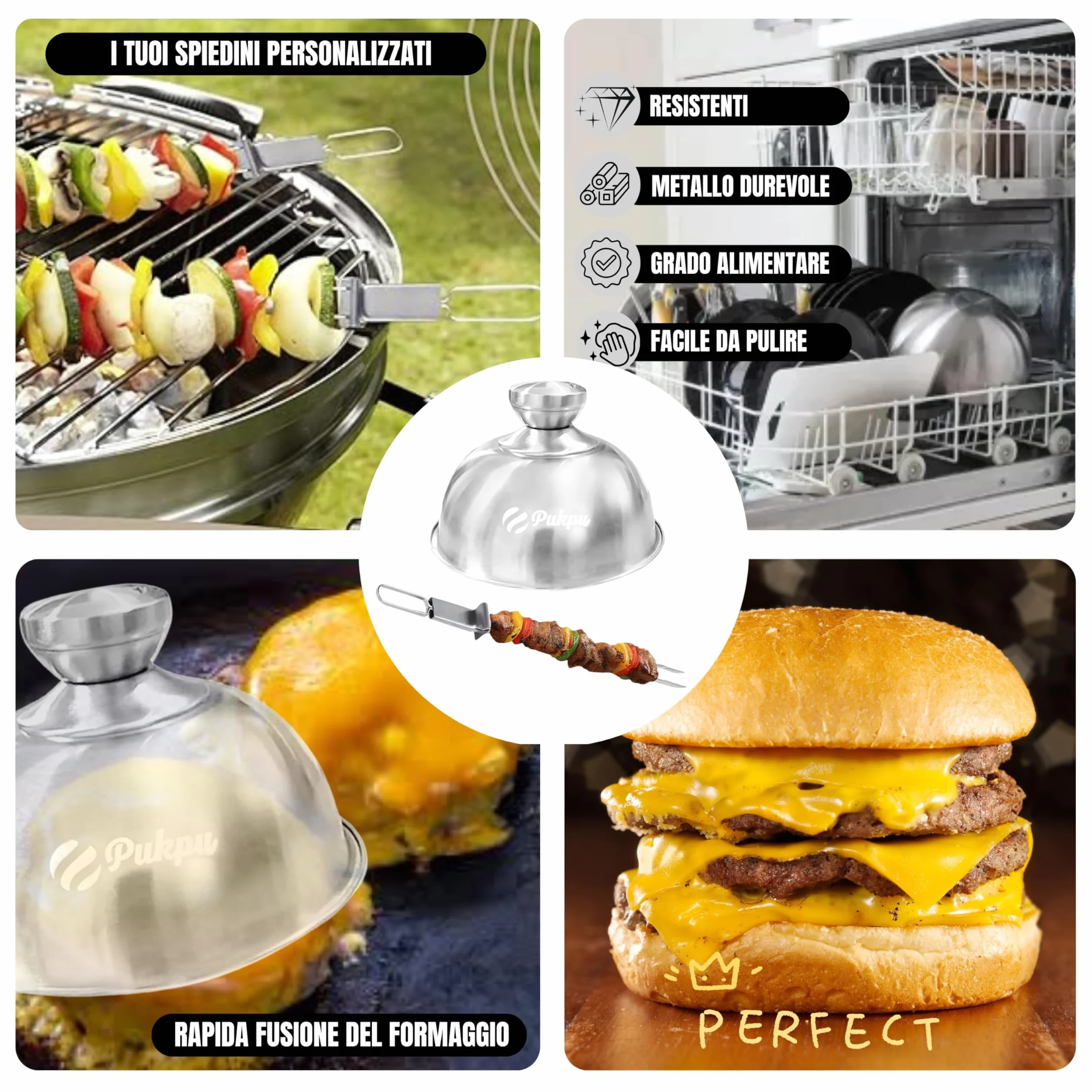 Kit Smash Burger 6 Pezzi Nero – Pressa Hamburger, 2 Spatole Inox, 2 Cloche per Formaggio e Spiedino