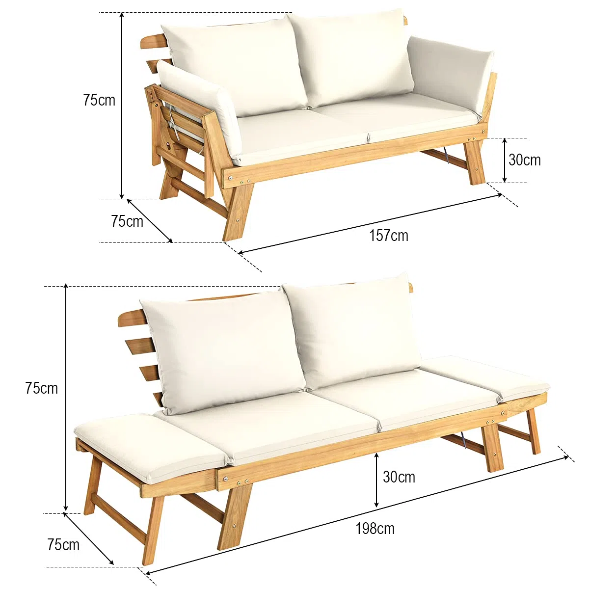 COSTWAY Divano Esterno a 2 Posti, in Legno di Acacia, Lettino Giardino con Braccioli Regolabili, Sdraio da Giardino con Cuscini, Chaise Longue per Giardino, Piscina, Cortile (Bianco)