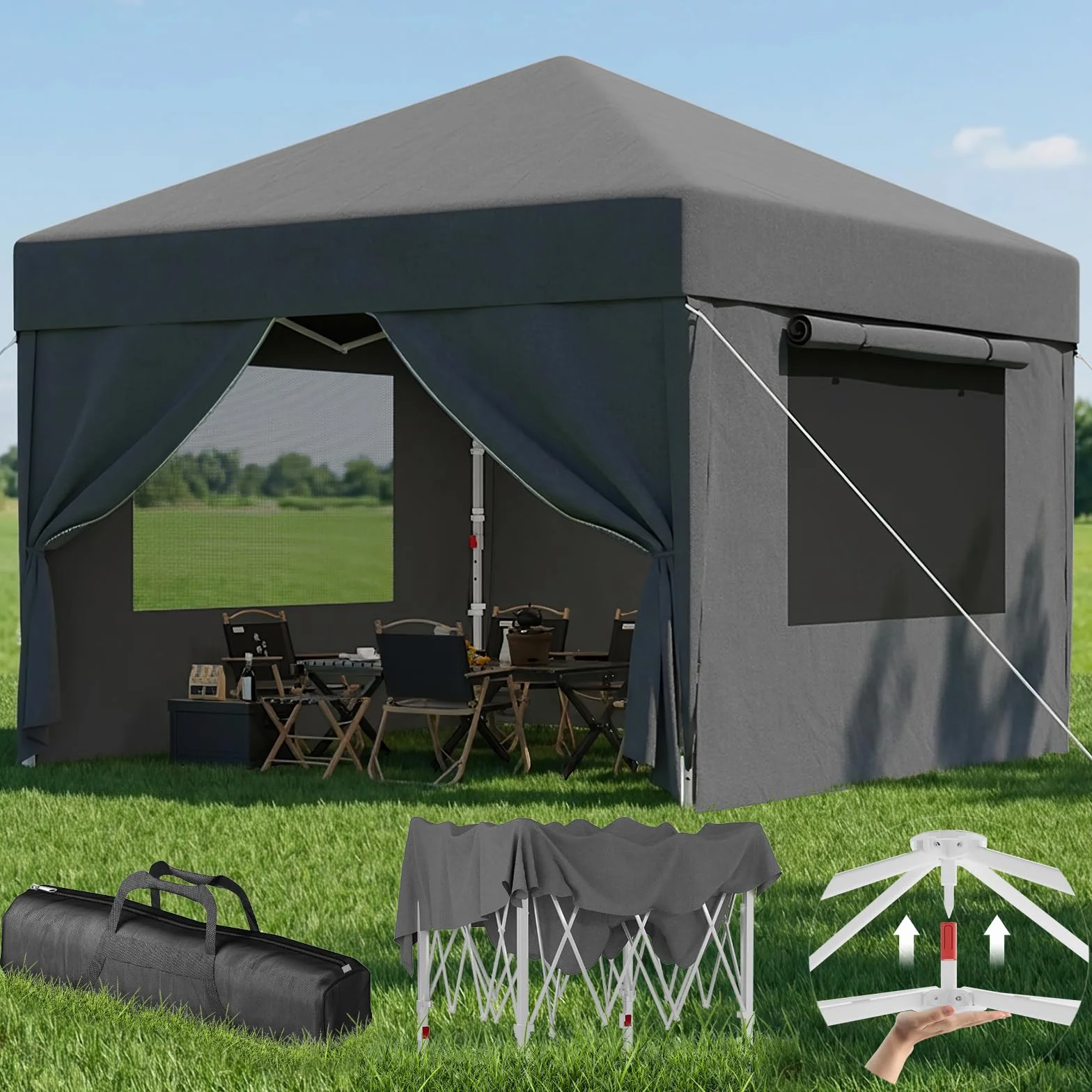 Devoko Gazebo Pieghevole 3x3 Impermeabile Stabile Invernale con Finestra a Rete Aerata, Protezione UV 50+, Tenda da Giardino Campeggio Grigio
