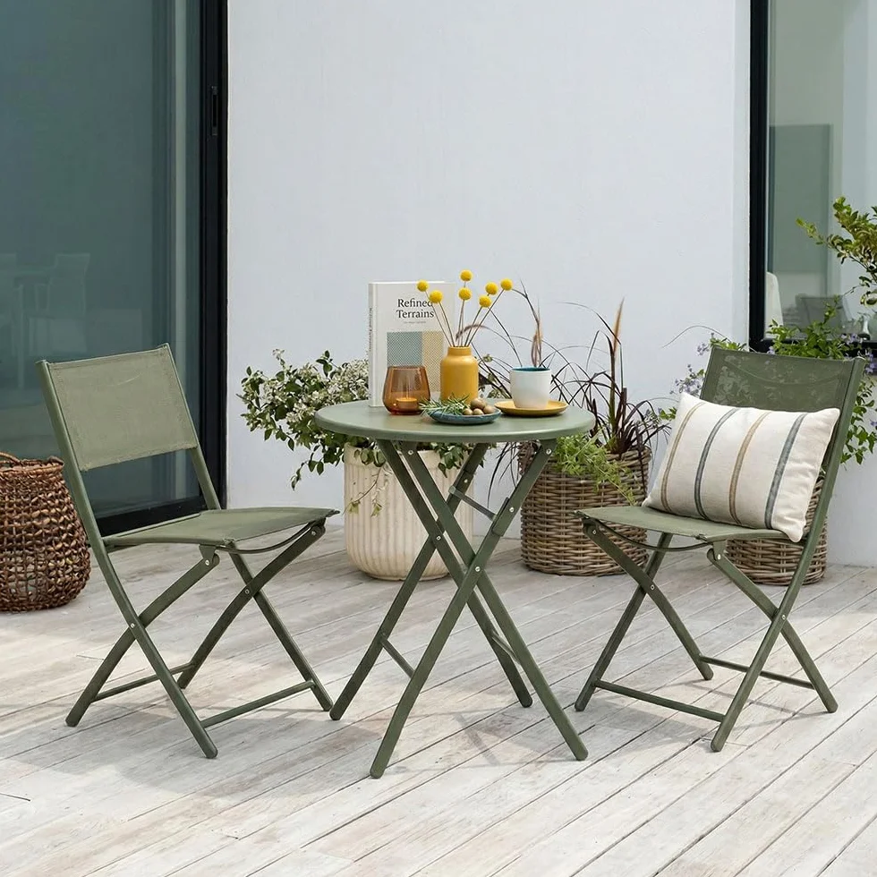 UBERTI. Set Bistrò Pieghevole Balcone Tavolino Rotondo Metallo 2 Sedie Metallo Textilene Verde Oliva