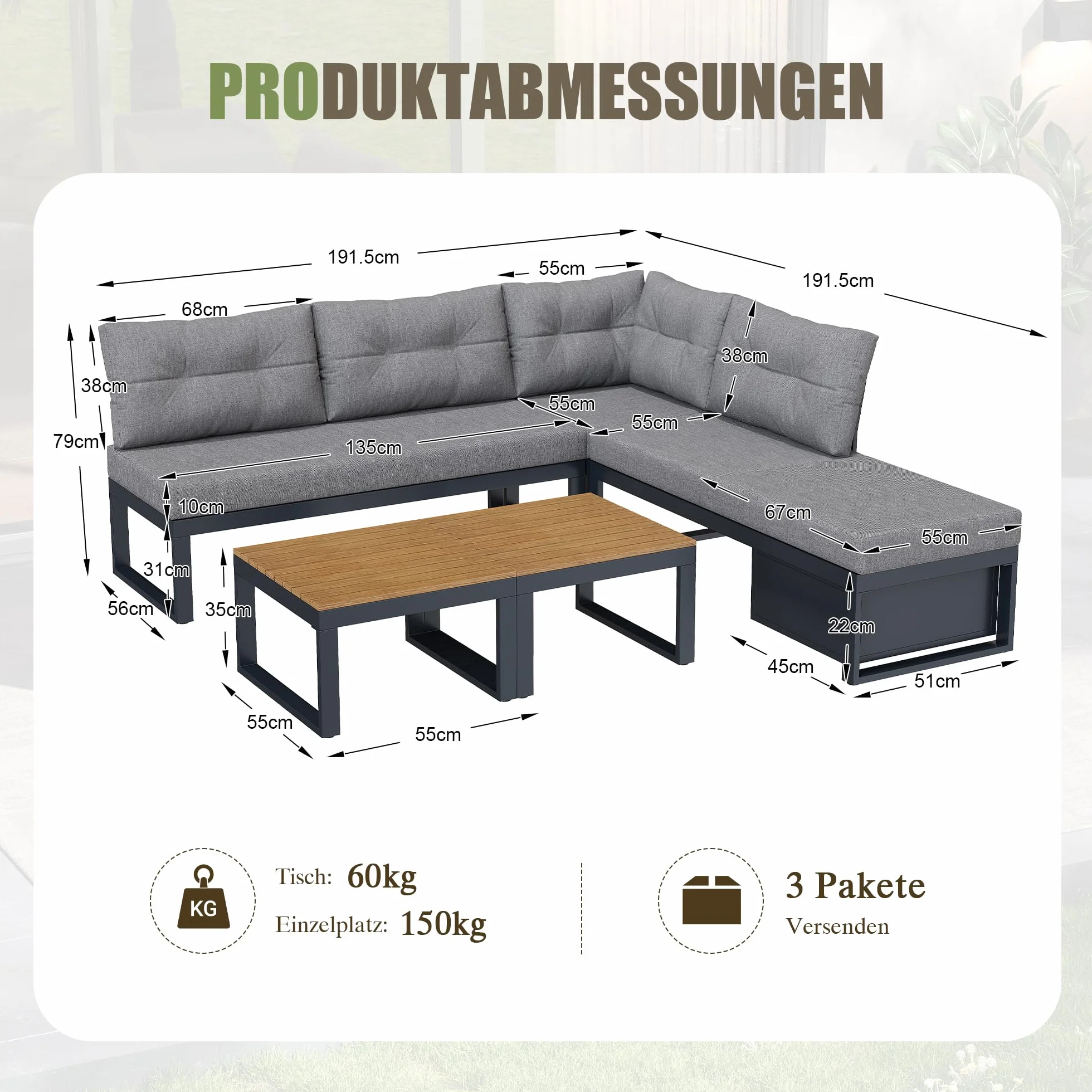 Set di mobili da giardino,Divano da giardino da esterno con schienale regolabile su 3 livelli,Divano con spazio di archiviazione e funzione di inclinazione,Adatto per terrazzi e giardini,Grigio