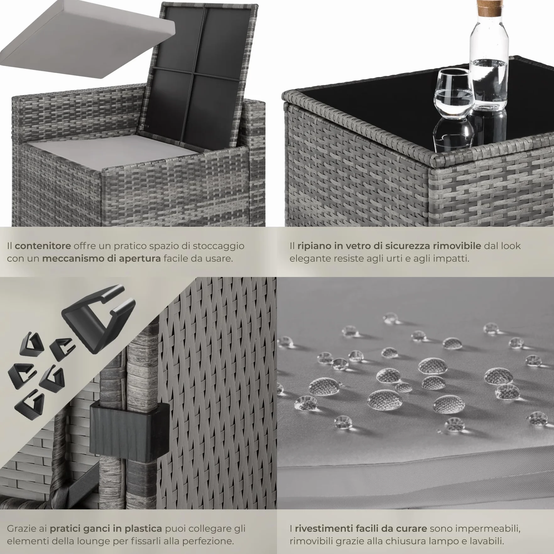 Salottino in Rattan Tectake Set da Conversazioni con Tavolo in Vetro e Box Contenitore Grigio