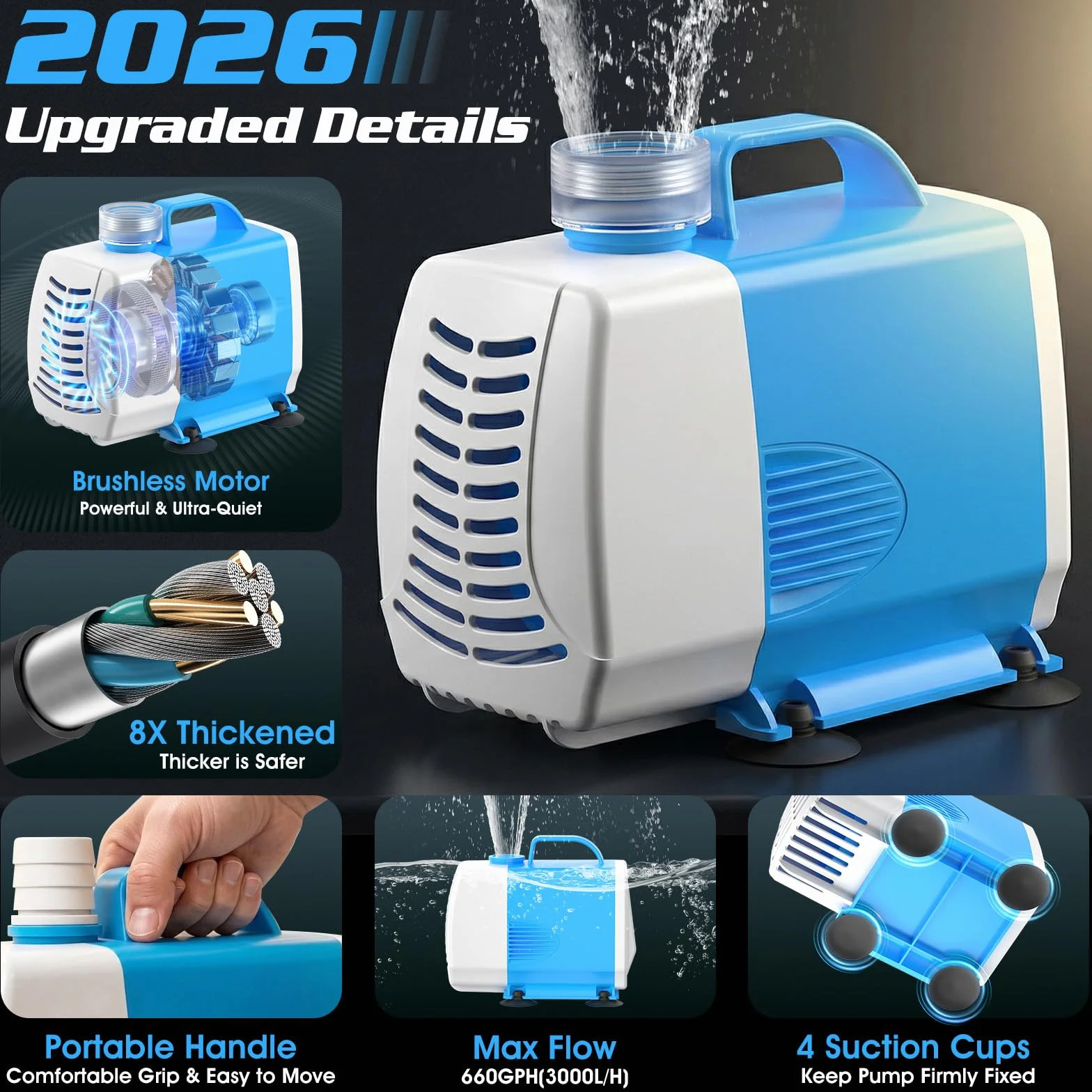 Luxfero 3 In 1 Pompa Per Laghetto Esterno Con Filtro,2026 Pompa Per Fontana Da Esterno Migliorata Con Luce Led,3000 L/H Con 3 Modalità Di Spruzzo,Pompa Sommersa Per Acquari E Giardini,Pompa Sommersa