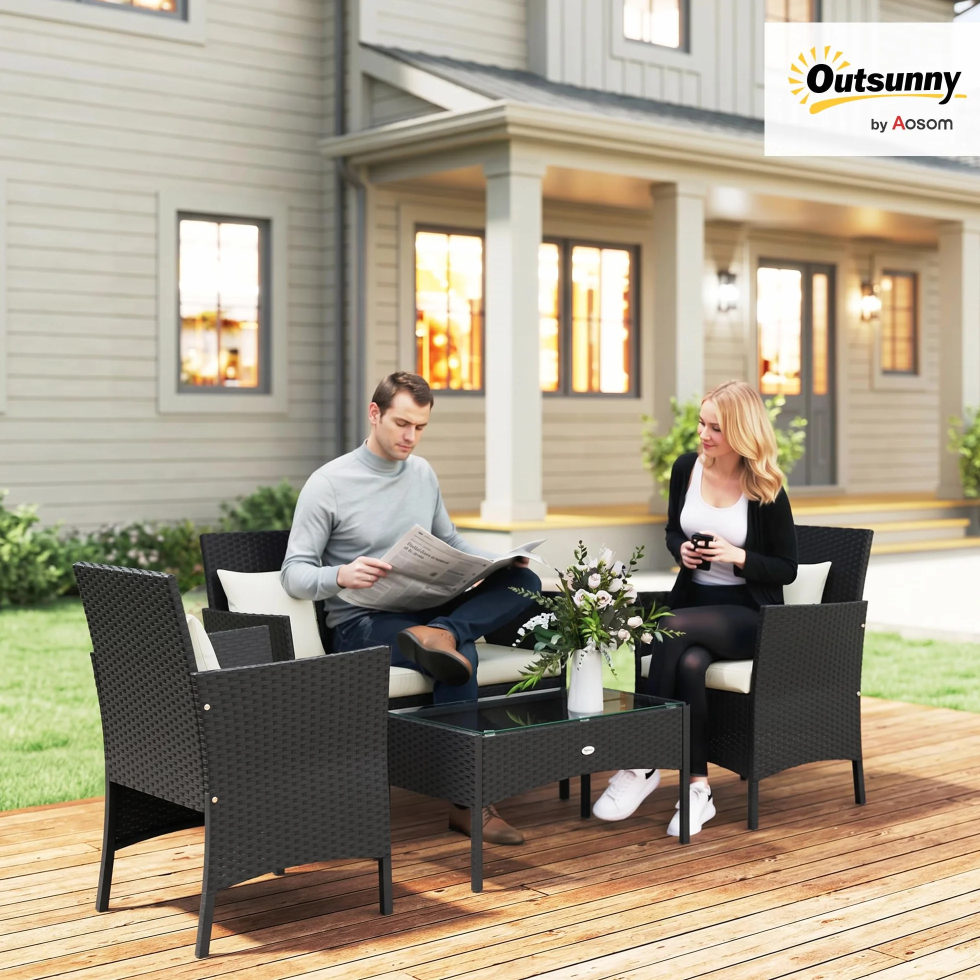 Outsunny Set da Giardino 4 Pezzi in Rattan con Sedie e Tavolino, Nero e Crema