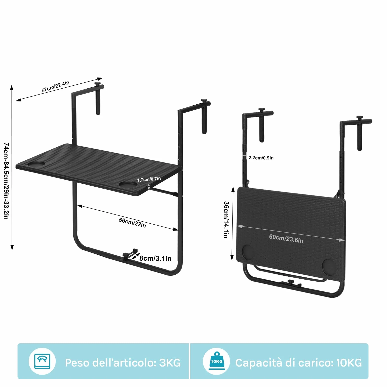 WOLTU Tavolino Pieghevole da Balcone Regolabile in 3 Altezze, Tavolo Sospeso per Ringhiera, Rattan, Nero