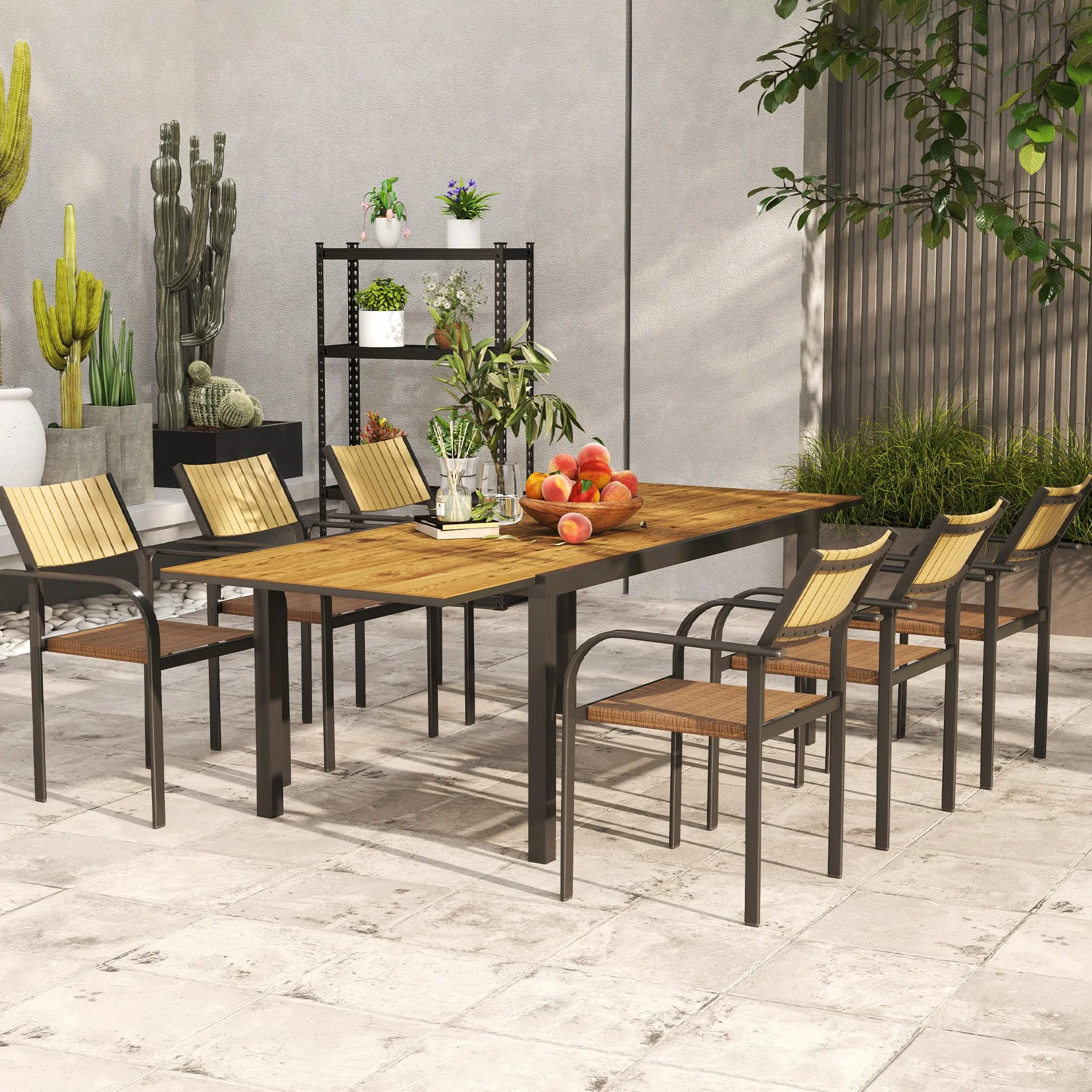 Outsunny Set Tavolo da Giardino Allungabile 7 Pezzi con Sedie Impilabili, Acciaio e Textilene, Marrone
