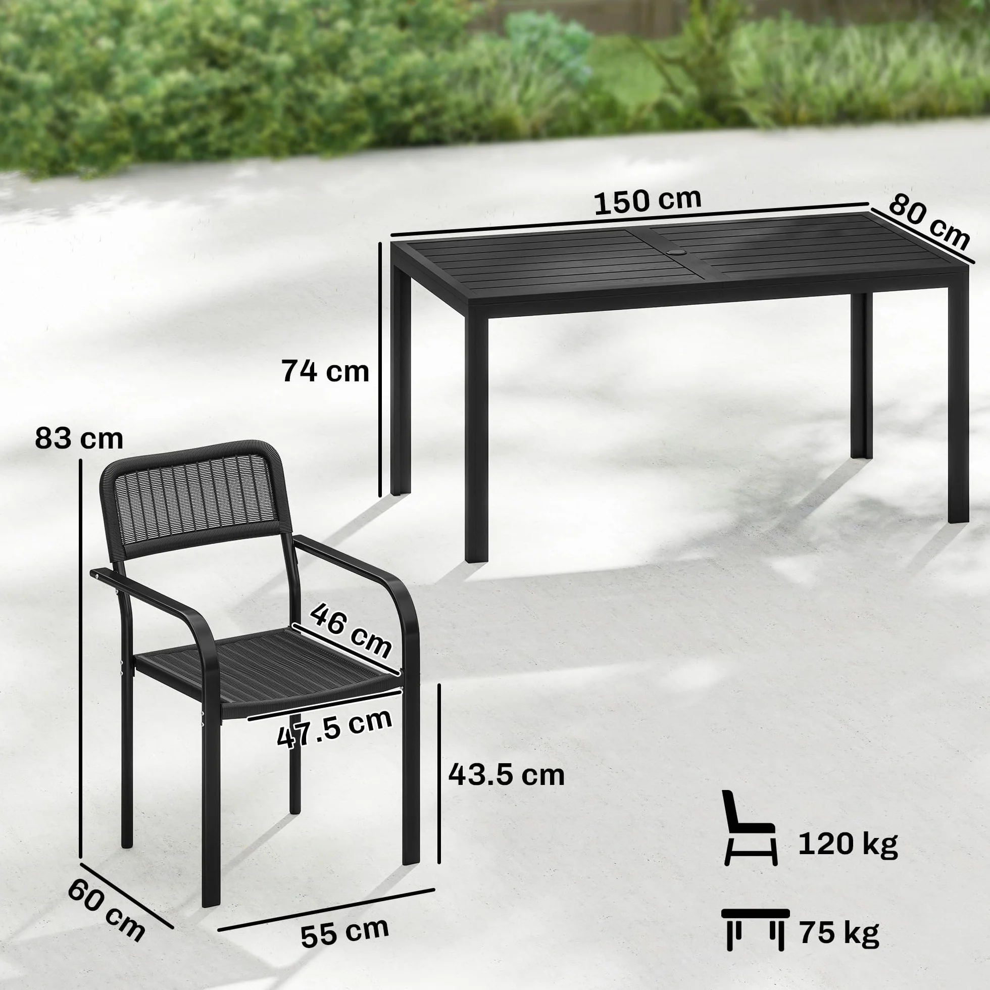 Outsunny Set Tavolo e Sedie da Giardino 7 Pezzi, Set da Pranzo Esterno con 6 Sedie Impilabili in Plastica Finto Rattan e Tavolo in Metallo Effetto Legno, Nero