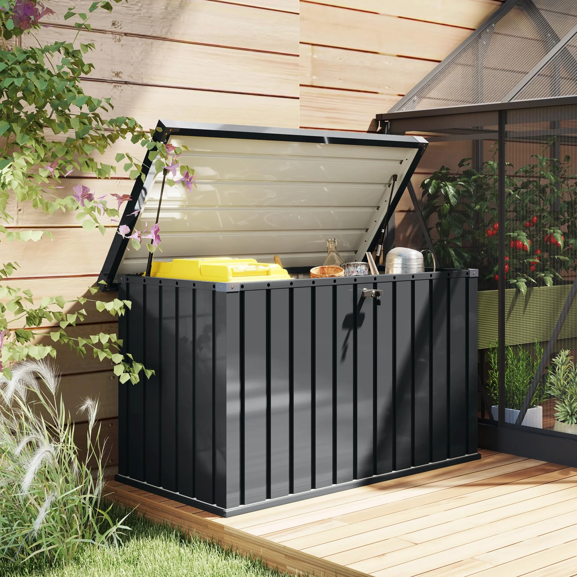 Outsunny Baule da Esterno da 400L con Coperchio a Doppia Leva, Serratura e 2 Chiavi, Cassapanca Contenitore da Esterno Impermeabile in Acciaio Zincato, 124x66x72 cm, Grigio Scuro