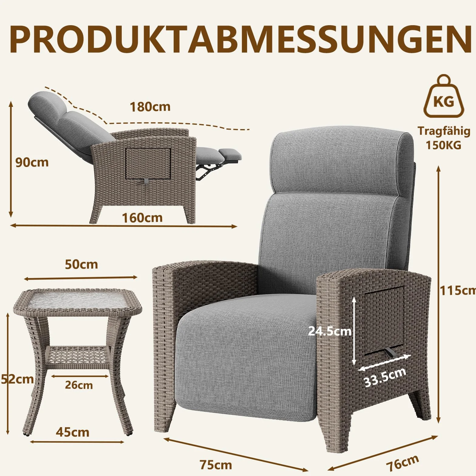 Sedia da Giardino in Rattan, Sedia Sdraio Imbottita da Casa, Portata 200 Kg, Schienale Regolabile a 160°, Tavolino Laterale Integrato, Adatta Per Giardino, Piscina, Balcone (Grigio Marrone, 1pack)