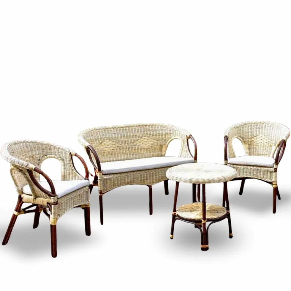 Salotto da giardino in bambu mandolino con vimini intecciato 1divano 2 poltrone 1 tavolino con cuscini omaggio