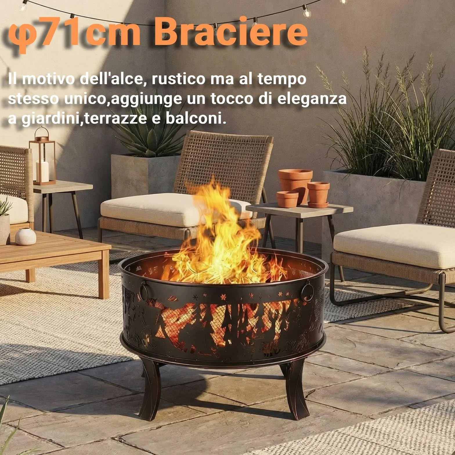 TLGREEN Braciere da giardino, braciere da Esterno con parascintille, stabile, fire pit 71 x 65 cm, con griglia per poker, 4 PCS piede, campeggio, spiaggia, tetto, look retrò, squisito motivo erba