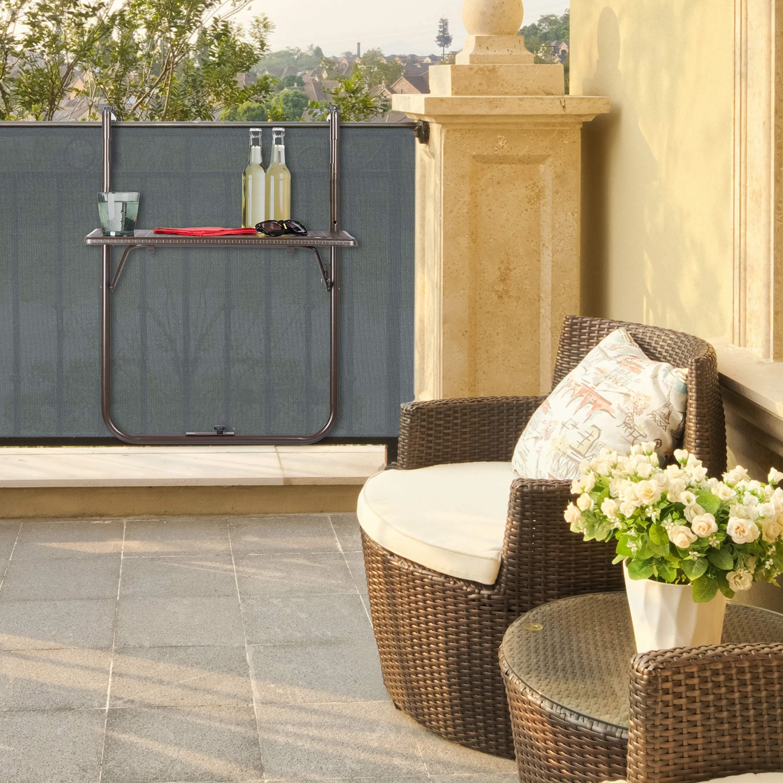 Relaxdays Tavolino Pieghevole da Balcone, Altezza Regolabile 59,5 x 36 cm, Marrone