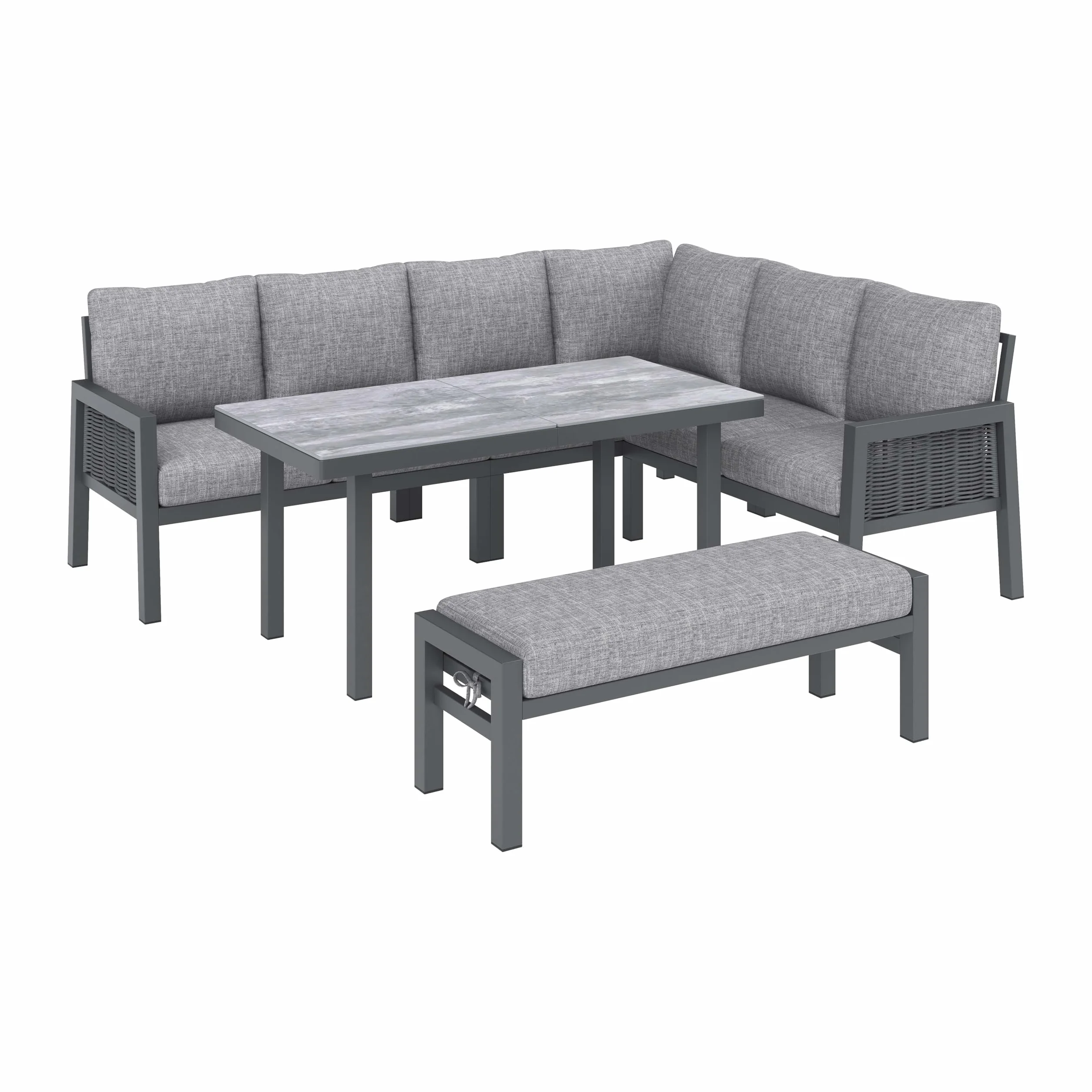 Set da pranzo da giardino per 8 persone, sala angolare e panca, polietilene intrecciato, acciaio zincato, piano in vetro, grigio