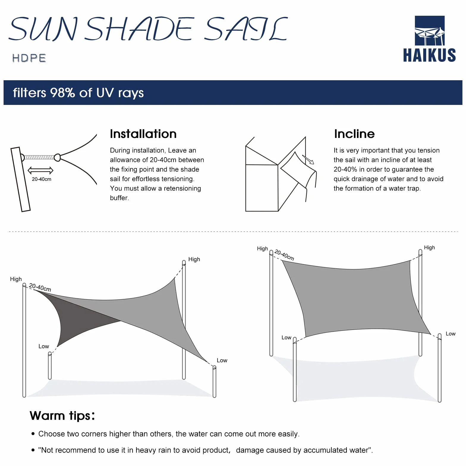 HAIKUS Vela Ombreggiante 3x4 Traspirante Tenda da Sole 400x300 Bianca