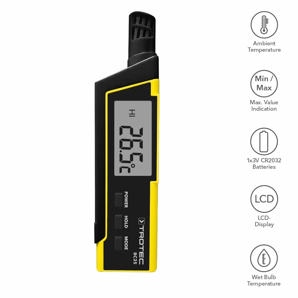 TROTEC Igrometro BC25 – Misuratore di umidità dell'aria e termometro – Campo di misura da -20 °C a +50 °C, indice di calore (HI), temperatura percepita (WBGT)