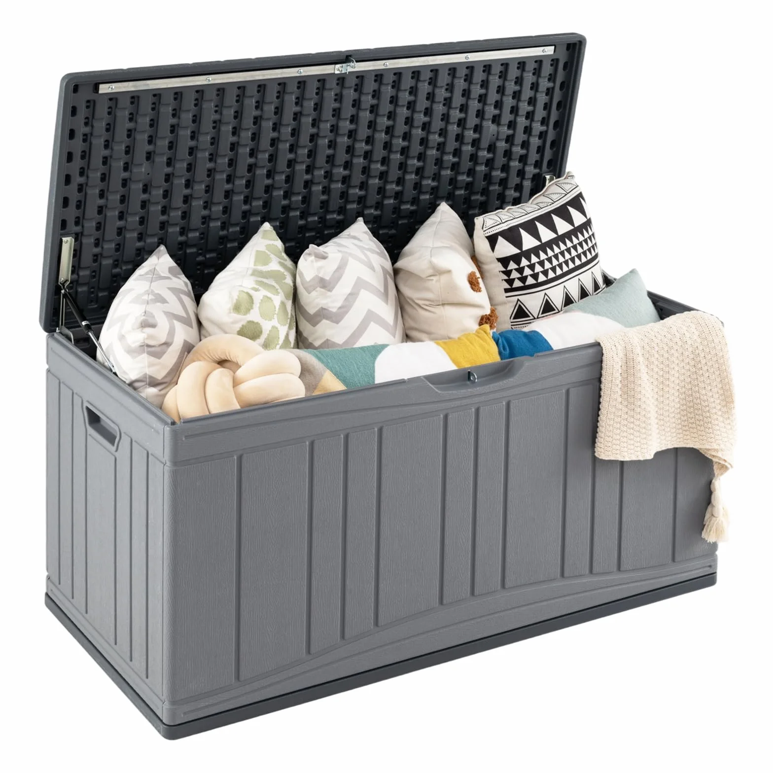 COSTWAY Baule da Esterno 300L Impermeabile in Resina, Cassapanca Contenitore da Esterno con Pistoni a Gas, Predisposizione per Serratura e 2 Maniglie Laterali, Resistente, 114 x 55 x 61 cm (Grigio)