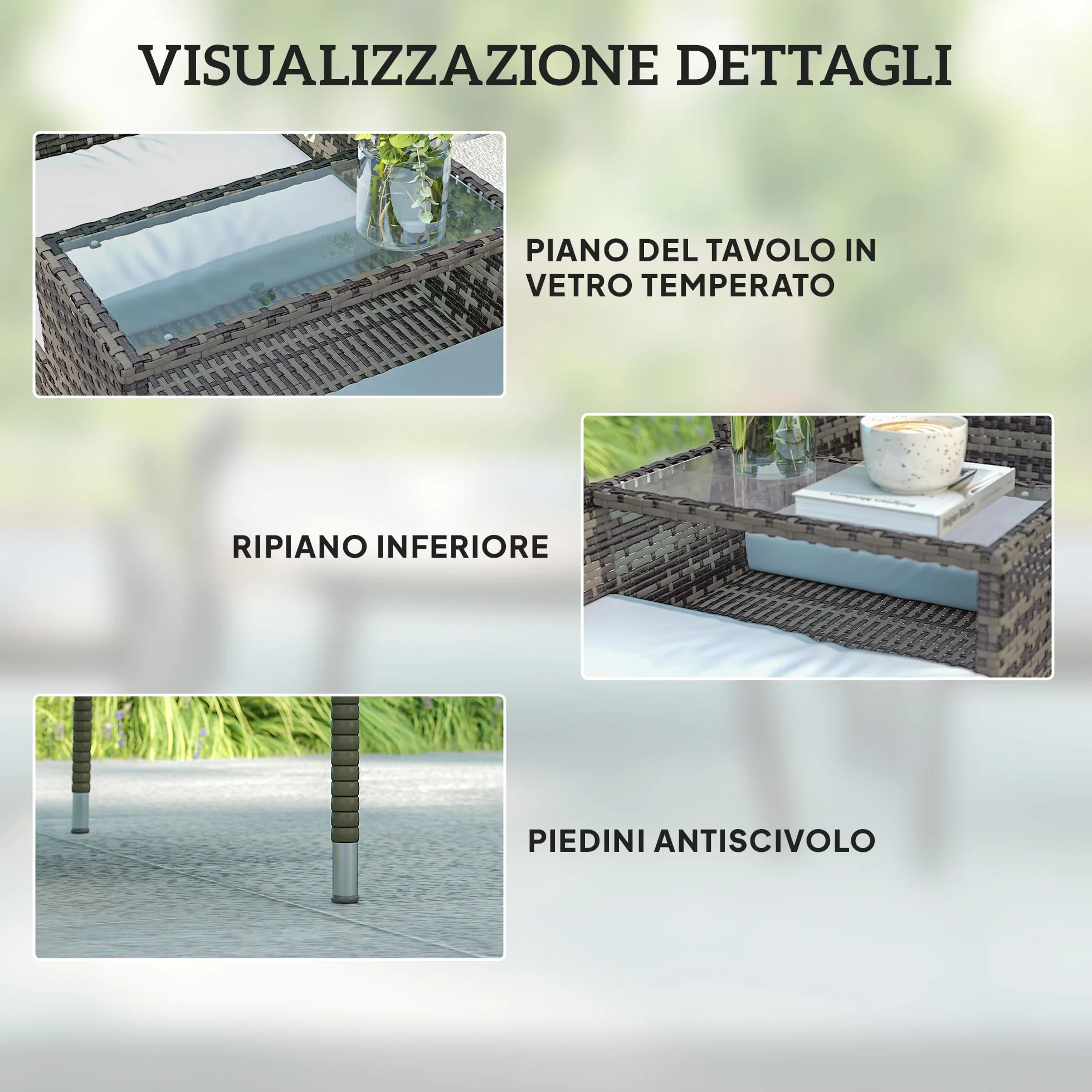 Outsunny Panchina da Giardino a 2 Posti in Rattan e Acciaio, Panchina da Esterno con Cuscini e Tavolino da Caffè Centrale in Vetro Temperato, Divano da Esterno, 135x64x81 cm, Grigio Scuro