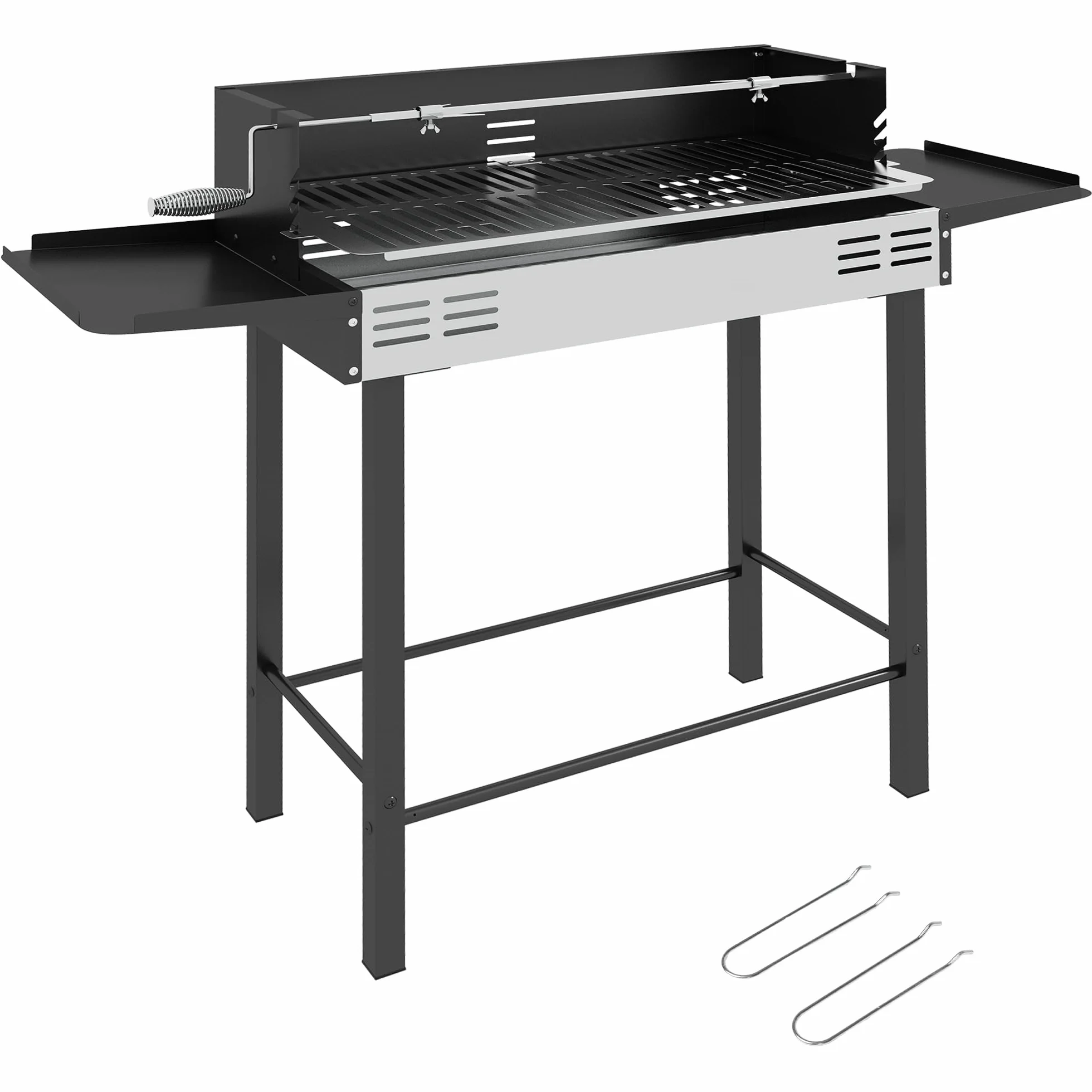 Outsunny Barbecue a Carbone 3 Livelli in Acciaio Inox con Mensole Pieghevoli e Girarrosto, 118x32x90 cm, Nero