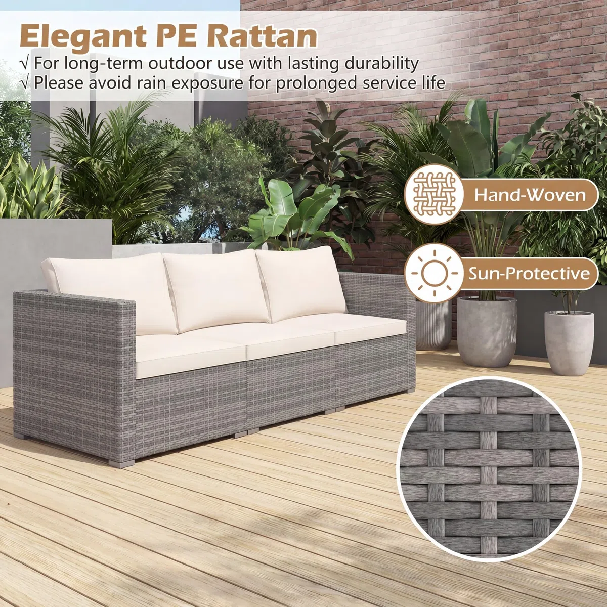GIANTEX Divano da Giardino a 3 Posti in Rattan con Cuscino Imbottito, Mobili per Terrazza e Balcone, Colore Beige/Grigio, 193 x 67 x 61,5 cm (Beige)