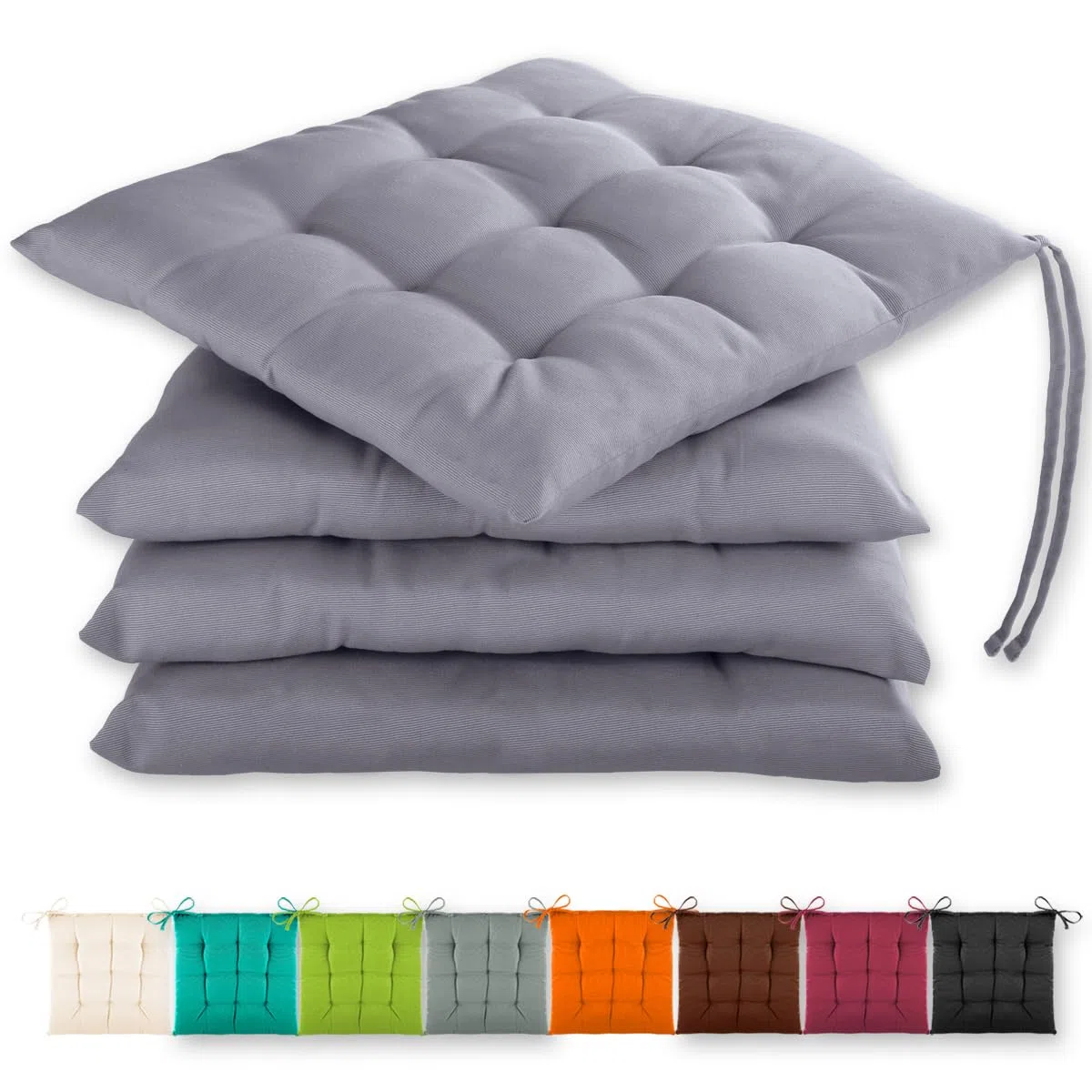 Gräfenstayn® zestaw 4 poduszek siedzisk 40x40x3 cm pasy mocujące Oeko-Tex Antracyt