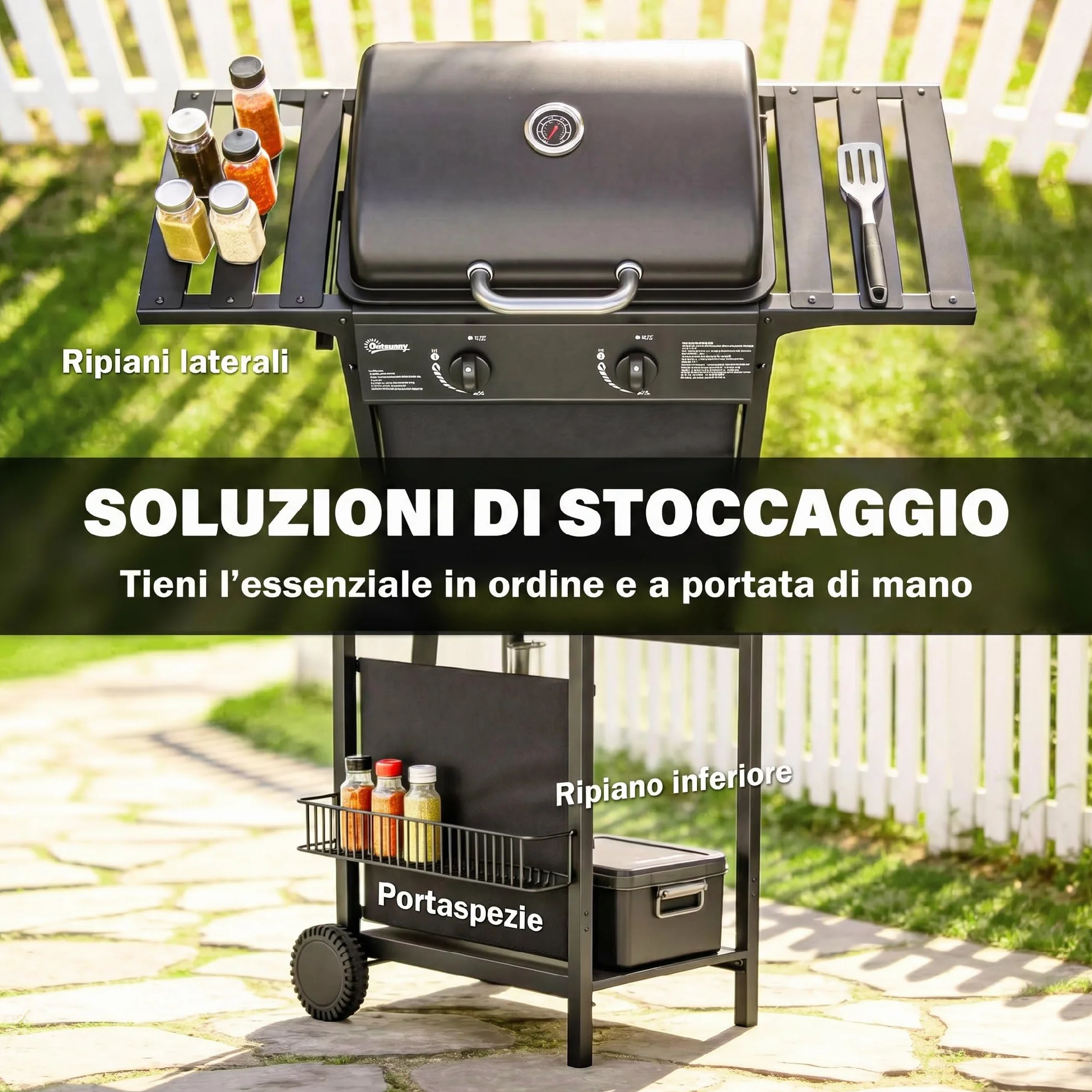 Outsunny Barbecue a Gas 2 Bruciatori 5KW BBQ Portatile Griglia Acciaio Inox con Ruote Giardino