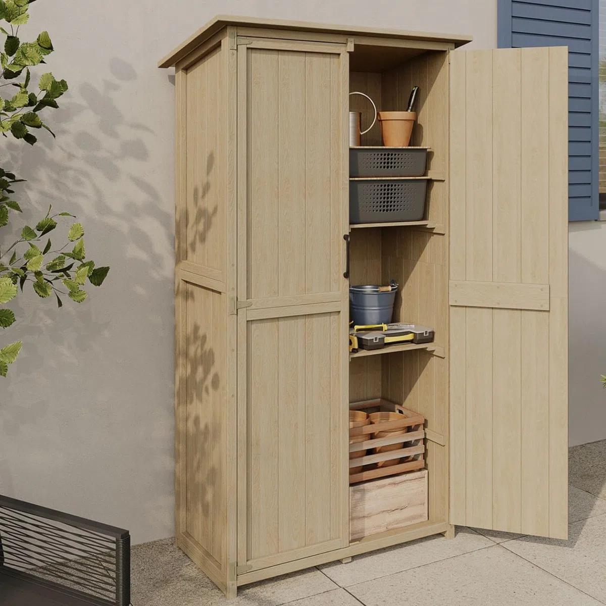 IDMarket - Armadio da Giardino in Legno 90 x 50 x 160 cm con Tetto Inclinato, Doppia Anta e Ripiani