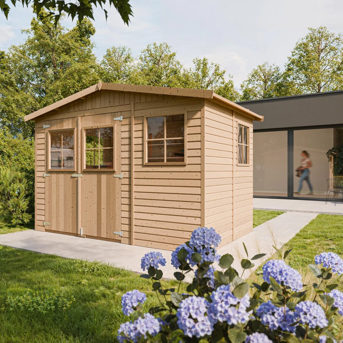 Casa da giardino in legno naturale CON PAVIMENTO IMPREGNATO A226x216x324 cm/6 m²- Magazzino esterno con finestre - Capanno da giardino - Bici, Deposito attrezzi e rimessa TIMBELA M334+M334G